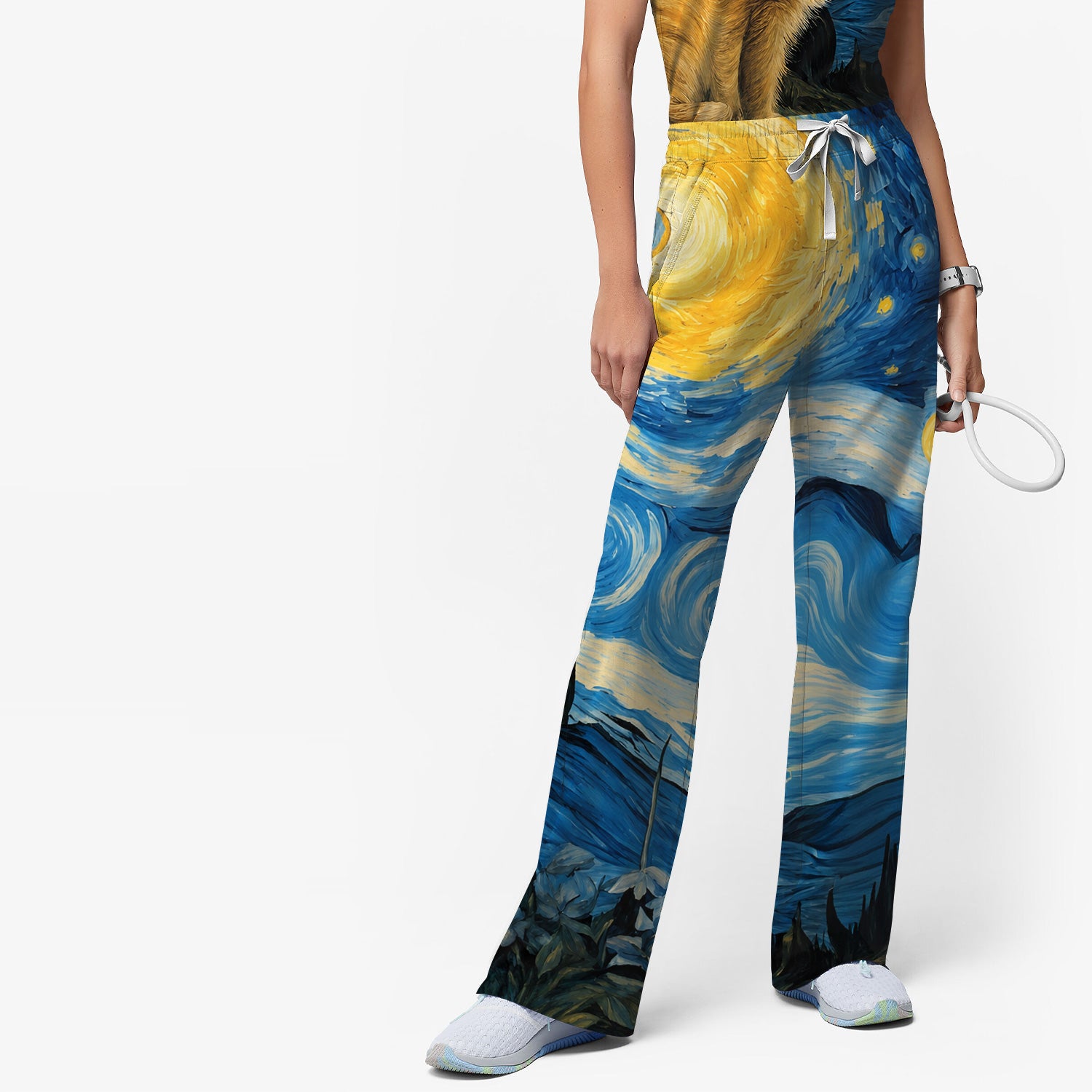 Swirling Moonlit Cat Scene Print Scrub Set, Scrub Pants and V Neck Top