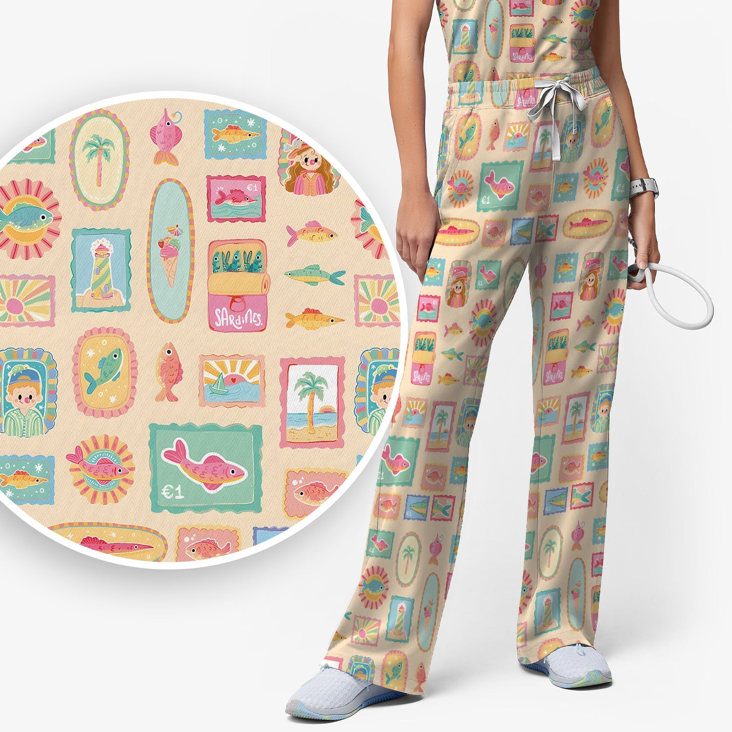 Coastal Vintage Postage Stamp Pattern Scrub Set, Scrub Pants and V Neck Top