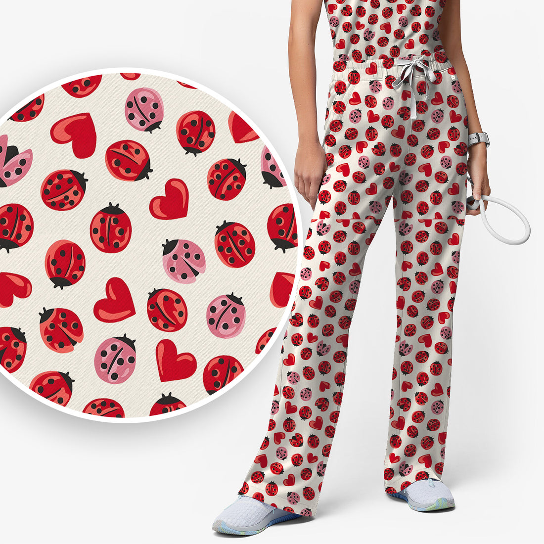 Cute Ladybug and Red Heart All Over Print Set, Women's Scrub Sets