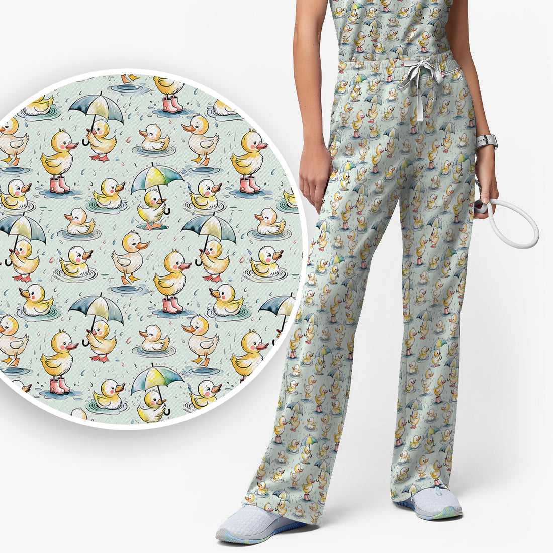 Playful Duck Rain Umbrella Print Women's Scrub Set, Breathable Med Uniform