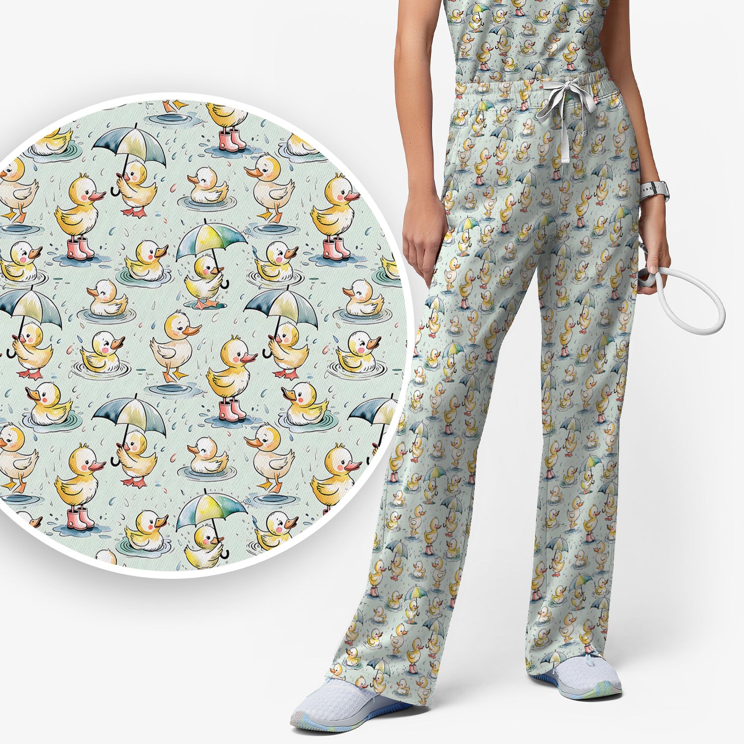 Playful Duck Rain Umbrella Print Women's Scrub Set, Breathable Med Uniform
