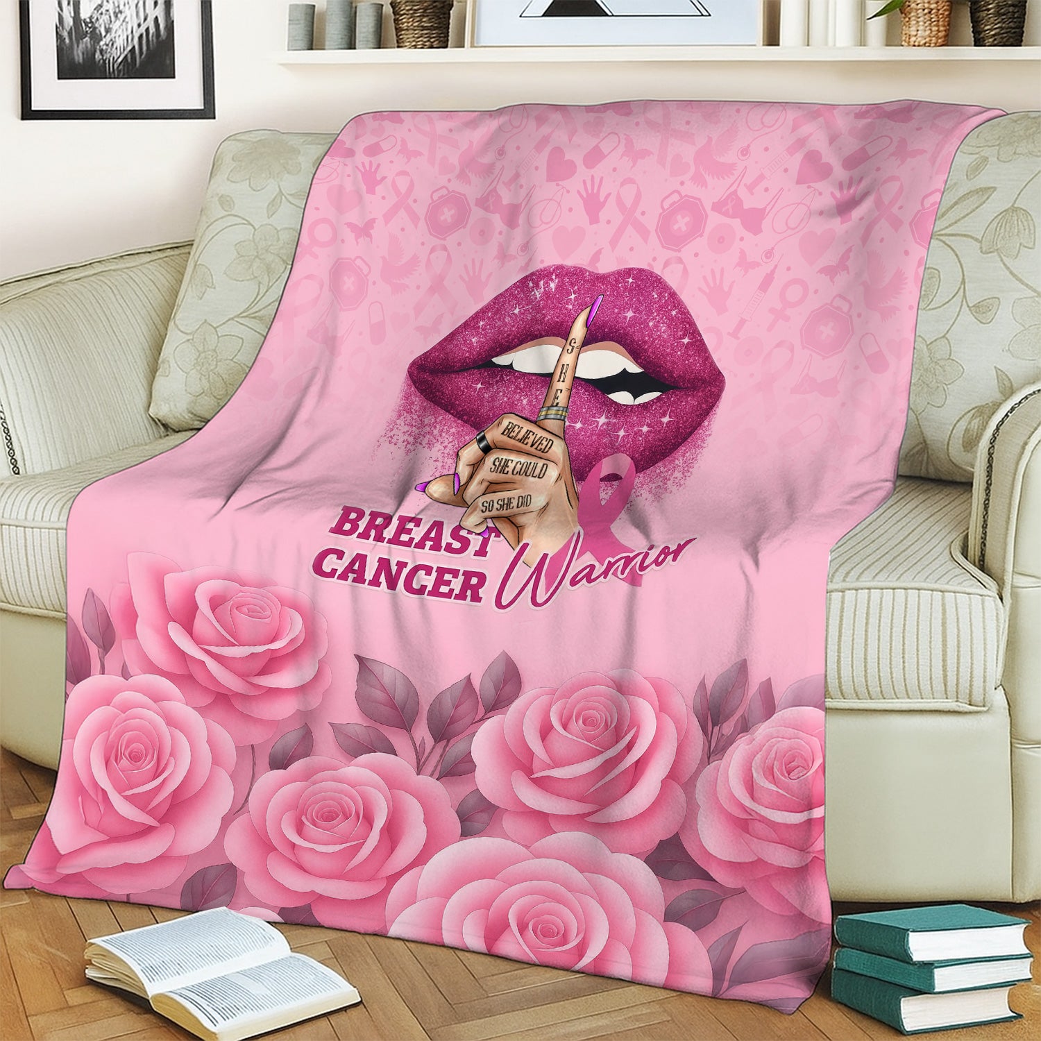Custom Breast Cancer Awareness Floral Blanket - Warrior Quote & Rose Pattern Graphic - Gift for RN LPN CNA