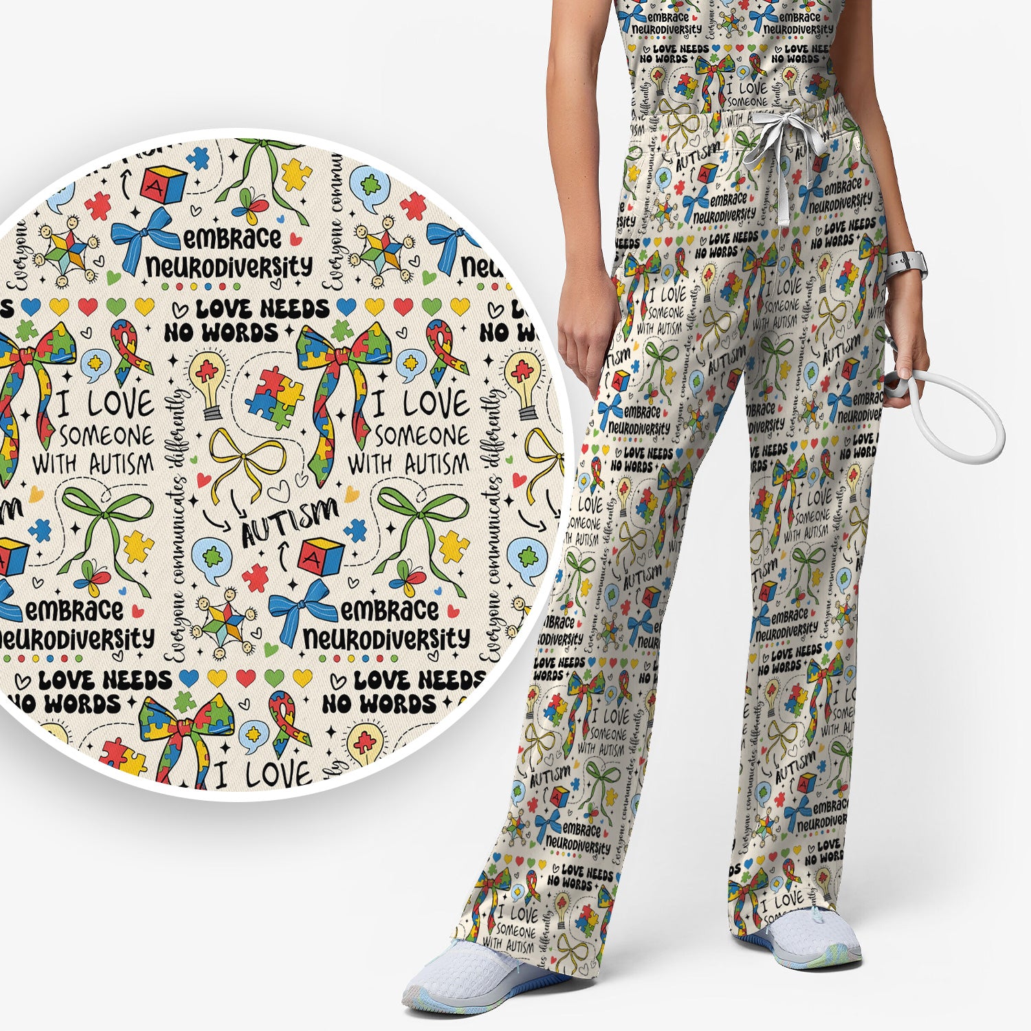 Autism Awareness Puzzle Ribbon Pattern Scrub Set, Scrub Pants and V Neck Top