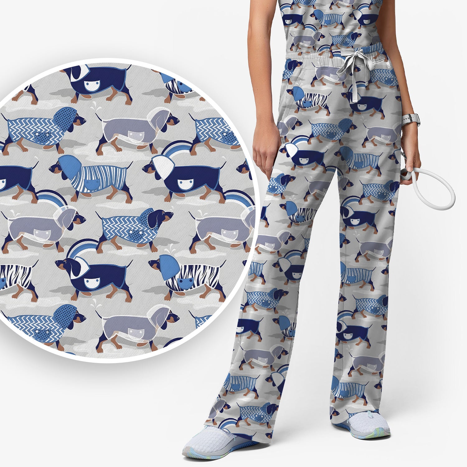 Cute Dachshund Raincoat Parade Pattern Scrub Set, Scrub Pants and V Neck Top