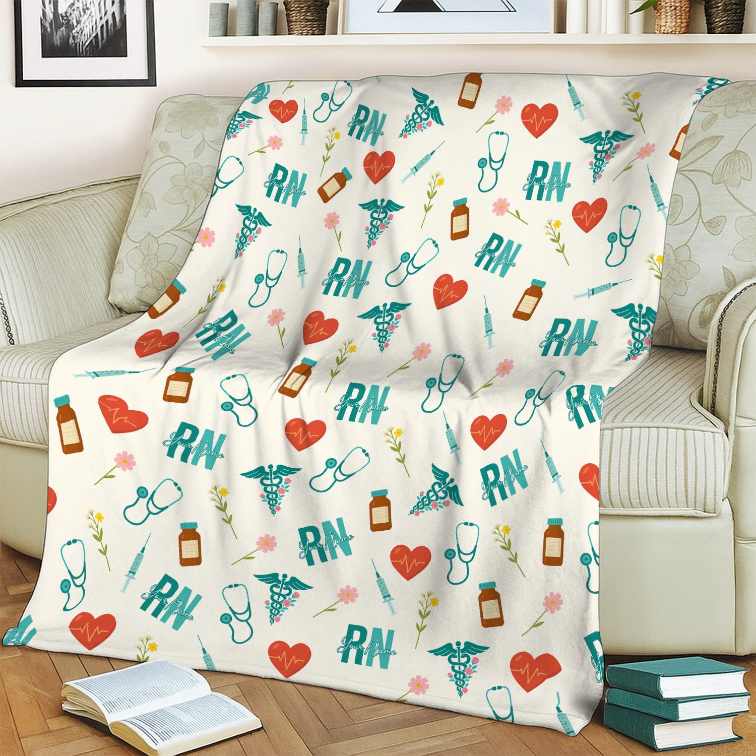 Personalized RN Nurse Blanket with Medical Icons - Stethoscope Syringe Heartbeat Floral Design - Gift for RN CNA LPN