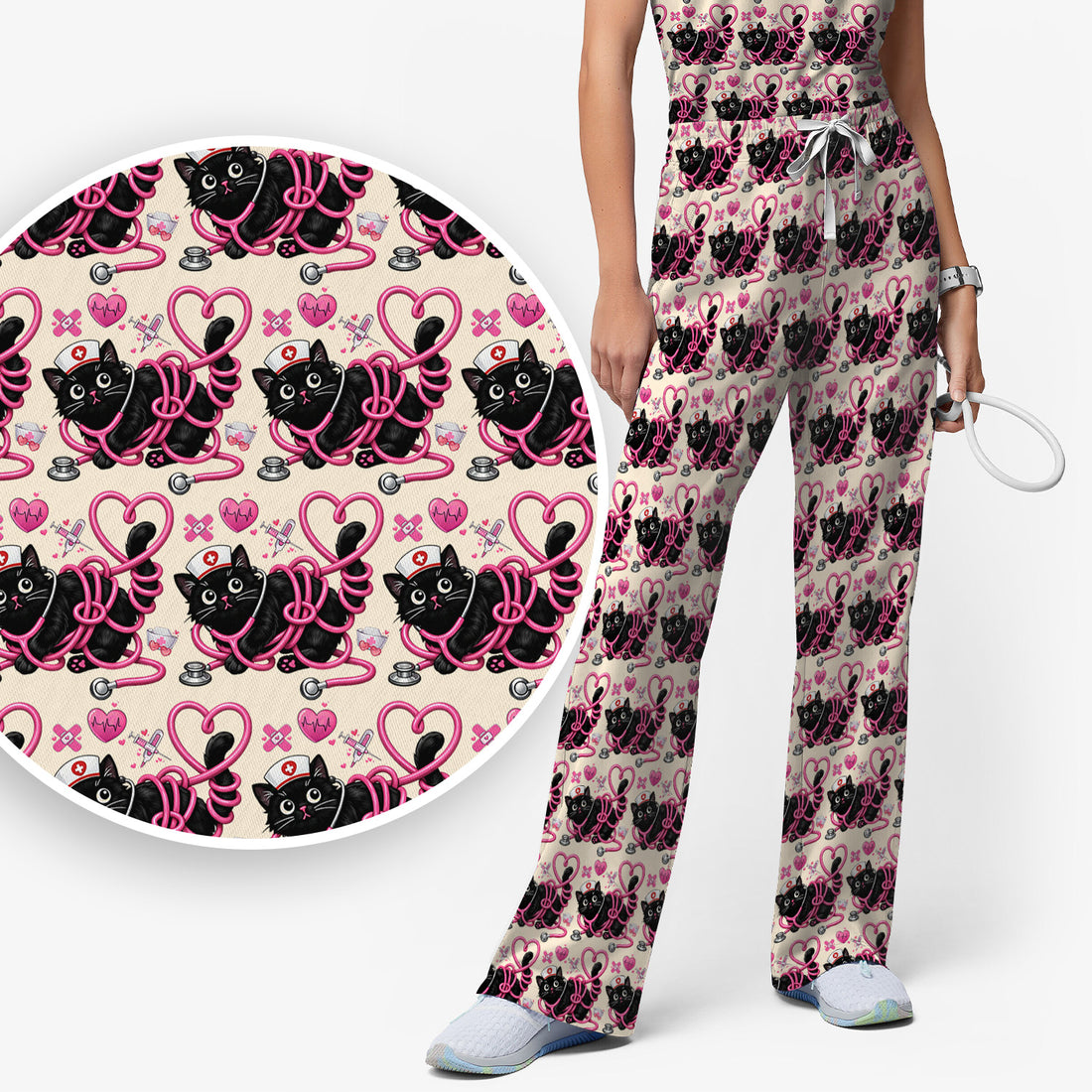Valentine Cute Cat Nurse Heart Print Women's Scrub Set, Breathable Med Uniform