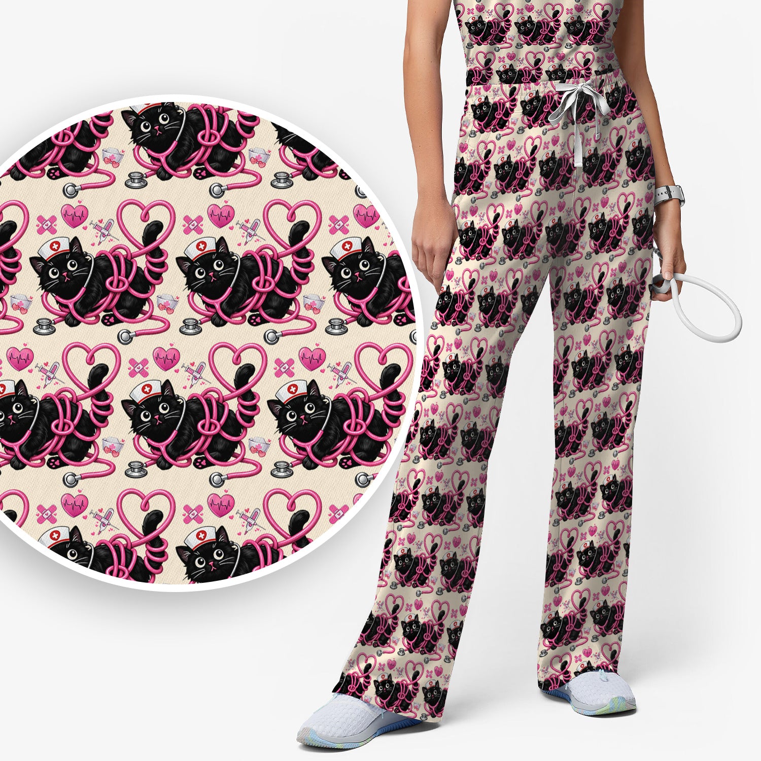 Valentine Cute Cat Nurse Heart Print Women's Scrub Set, Breathable Med Uniform