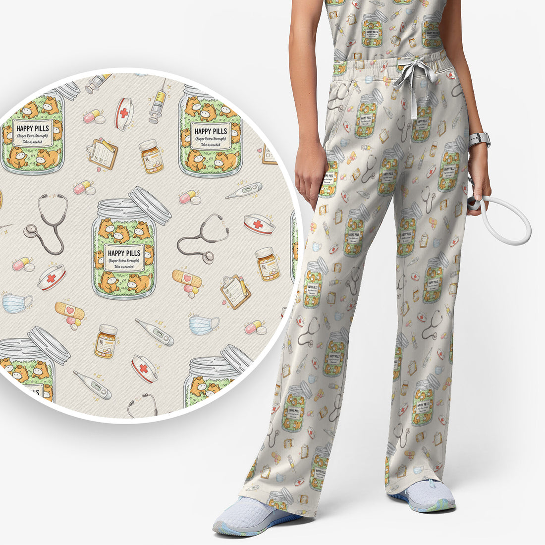 Happy Pills Horse Medical Print Women's Scrub Set, Scrub Pants and V-Neck Top