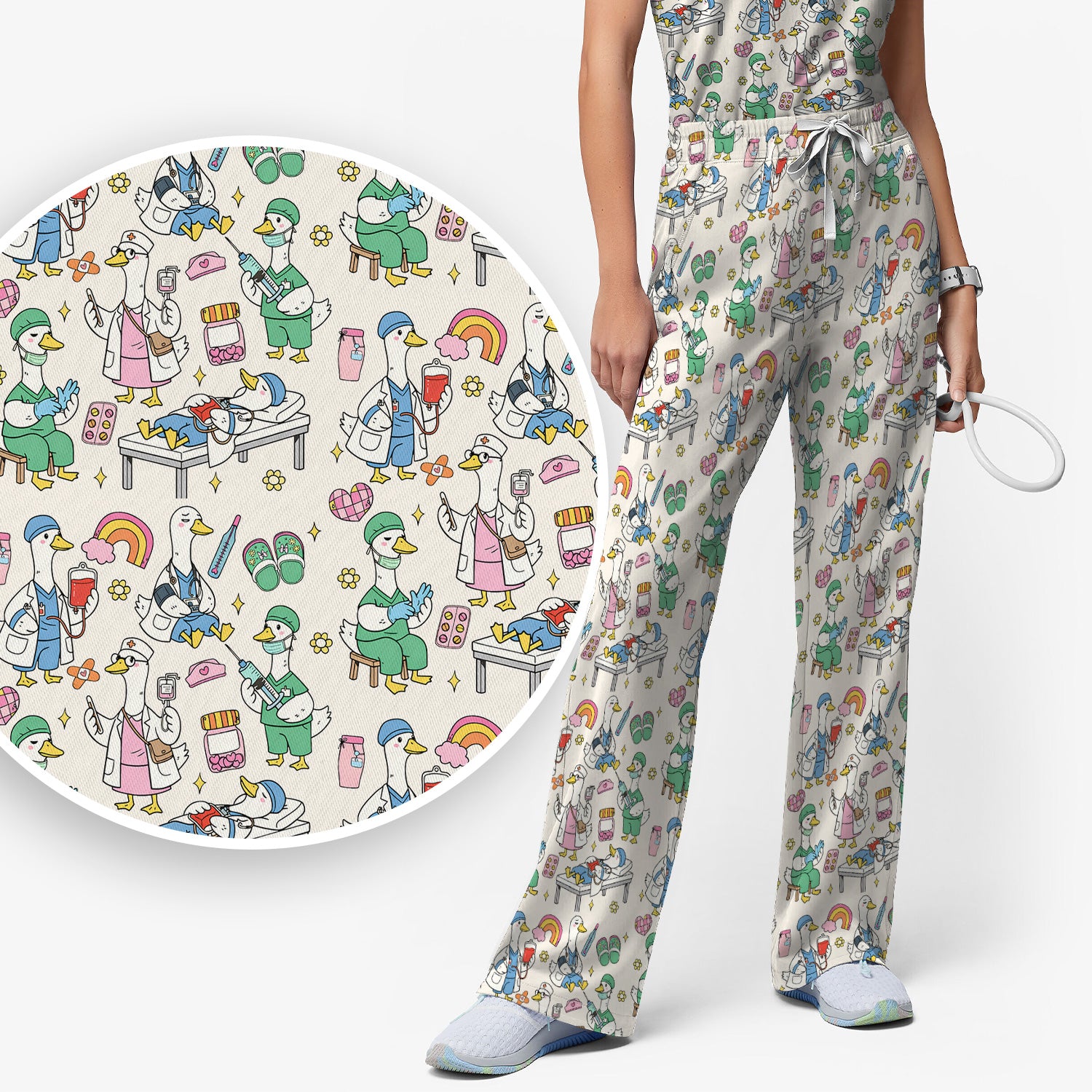 Funny Nurse Duck Medical Doodle Pattern Scrub Set, Scrub Pants and V Neck Top
