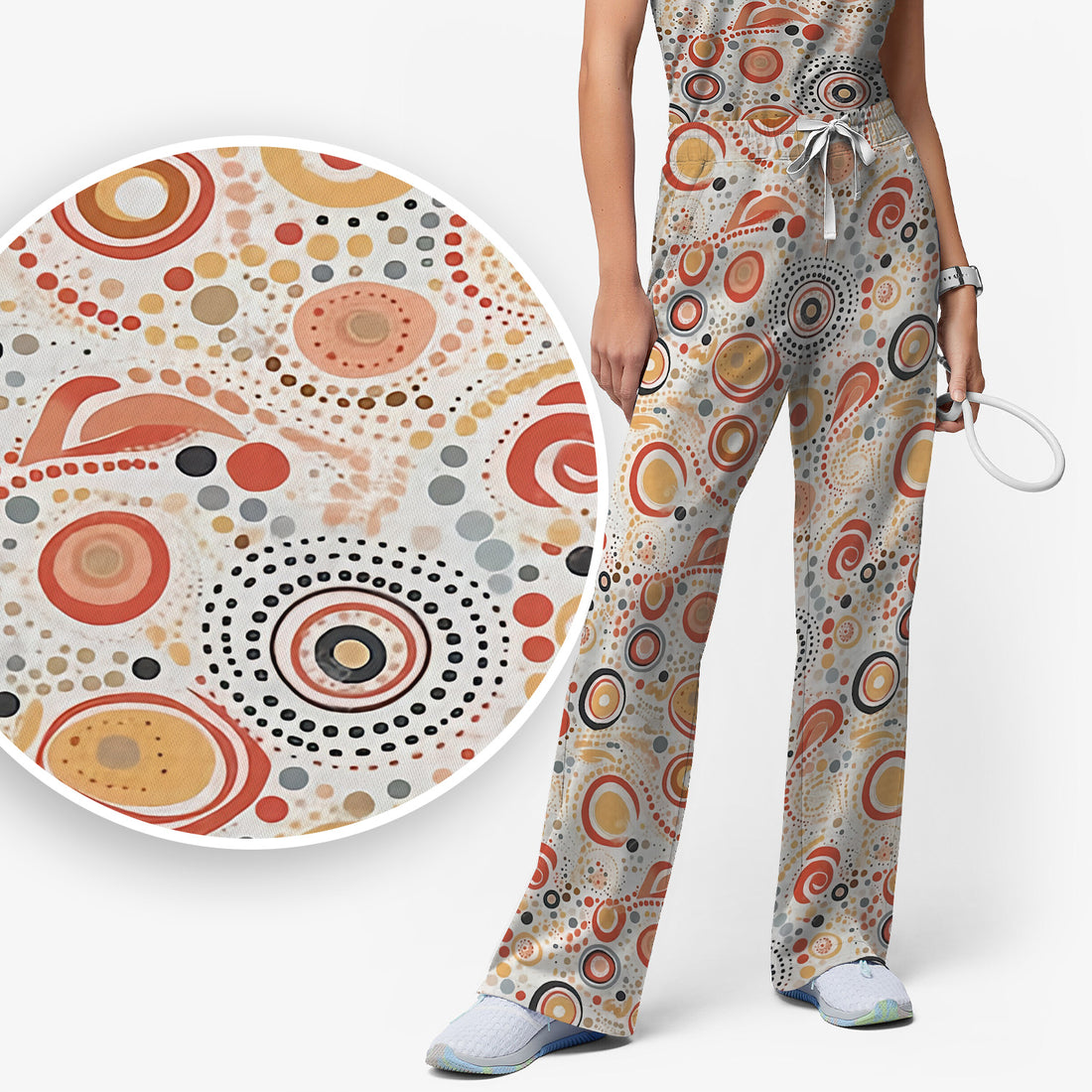 Abstract Earth Tone Dot Circle Pattern Scrub Set, Breathable Med Uniform