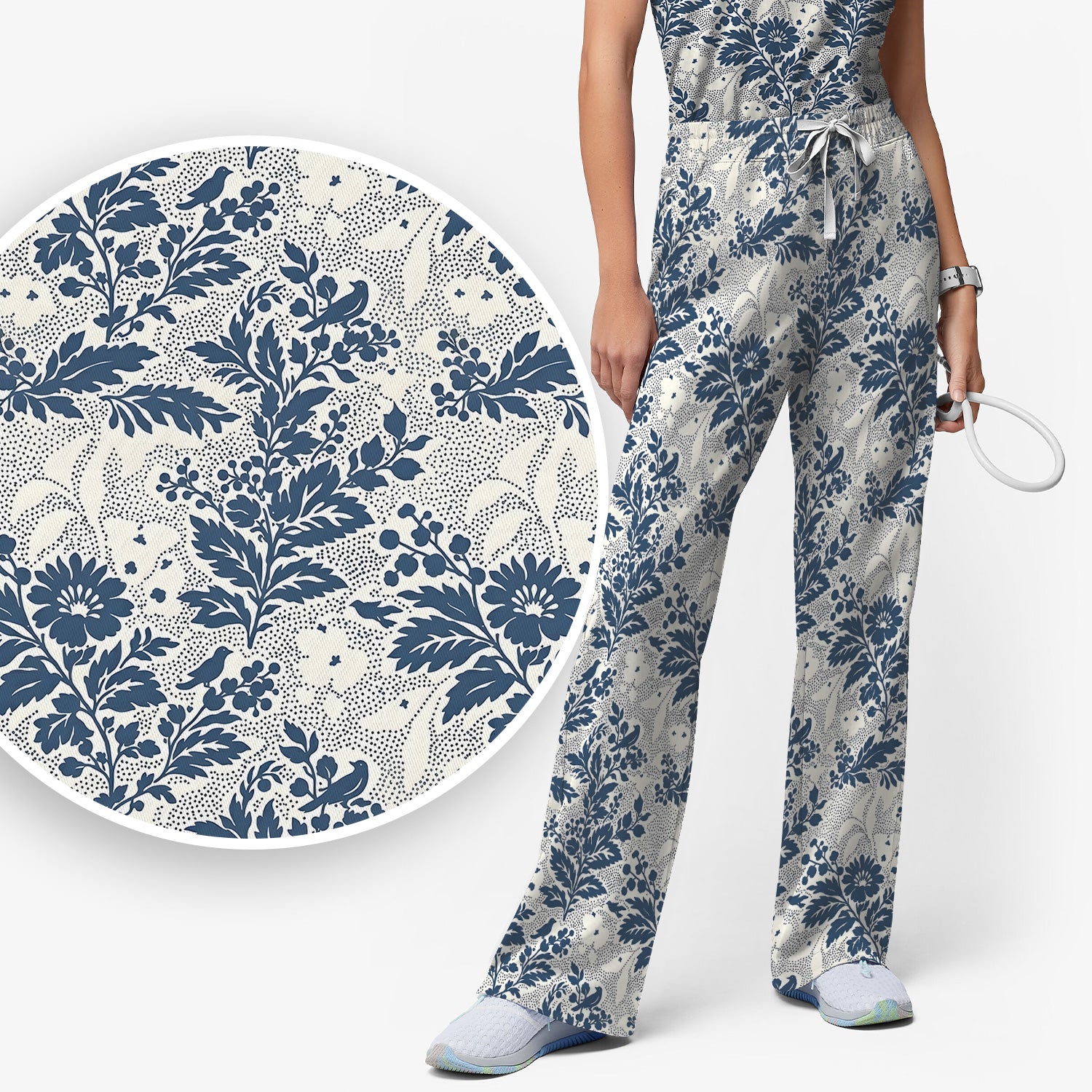 Cute Blue Floral Botanical Nurse Pattern Scrub Set, Scrub Pants and V Neck Top