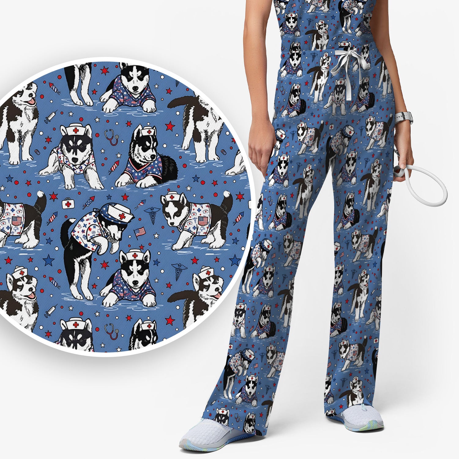 Cute Nurse Husky Dog Medical Pattern Scrub Set, Scrub Pants and V Neck Top