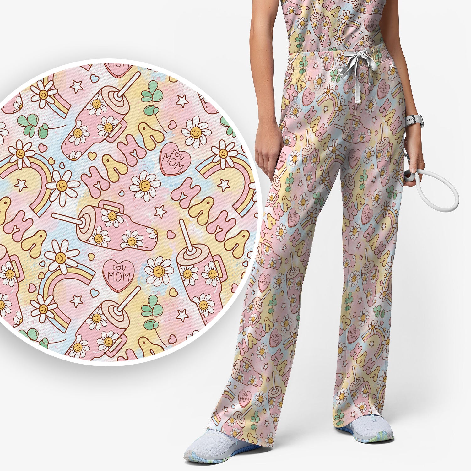 Sweet Nurse Mama Daisy Rainbow Pattern Scrub Set, Scrub Pants and V Neck Top