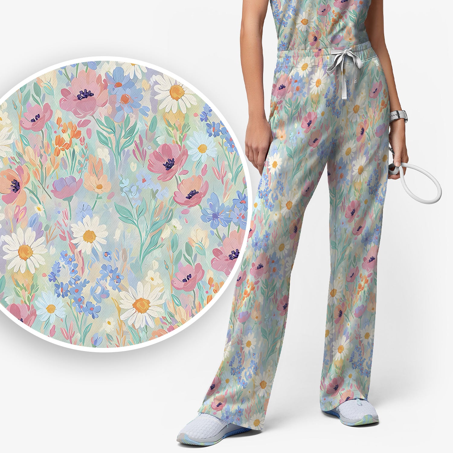 Pastel Wildflower Meadow Floral Pattern Scrub Set, Scrub Pants and V Neck Top