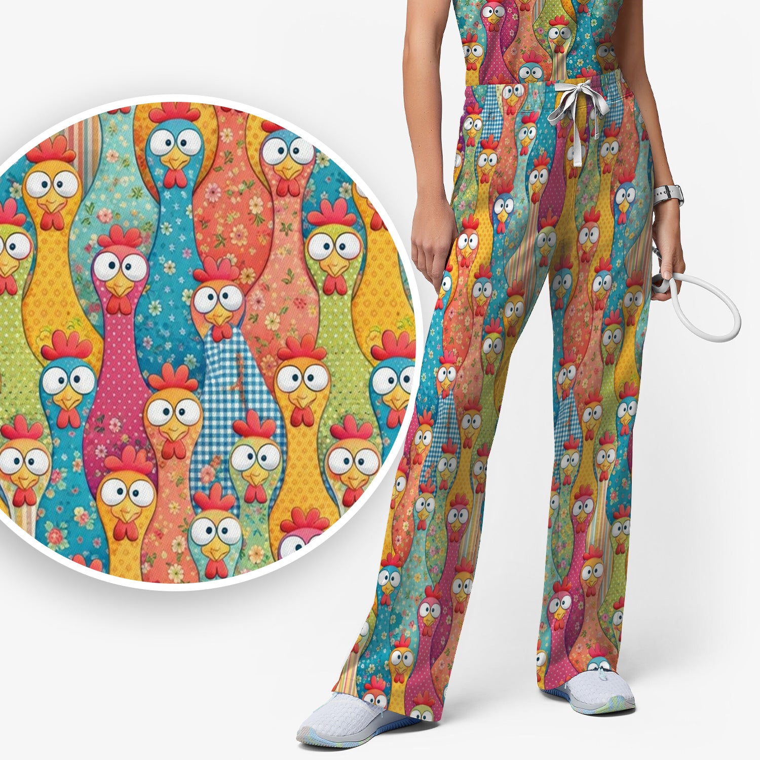 Funny Colorful Chicken Farm Cartoon Pattern Scrub Set, Scrub Pants and V Neck Top