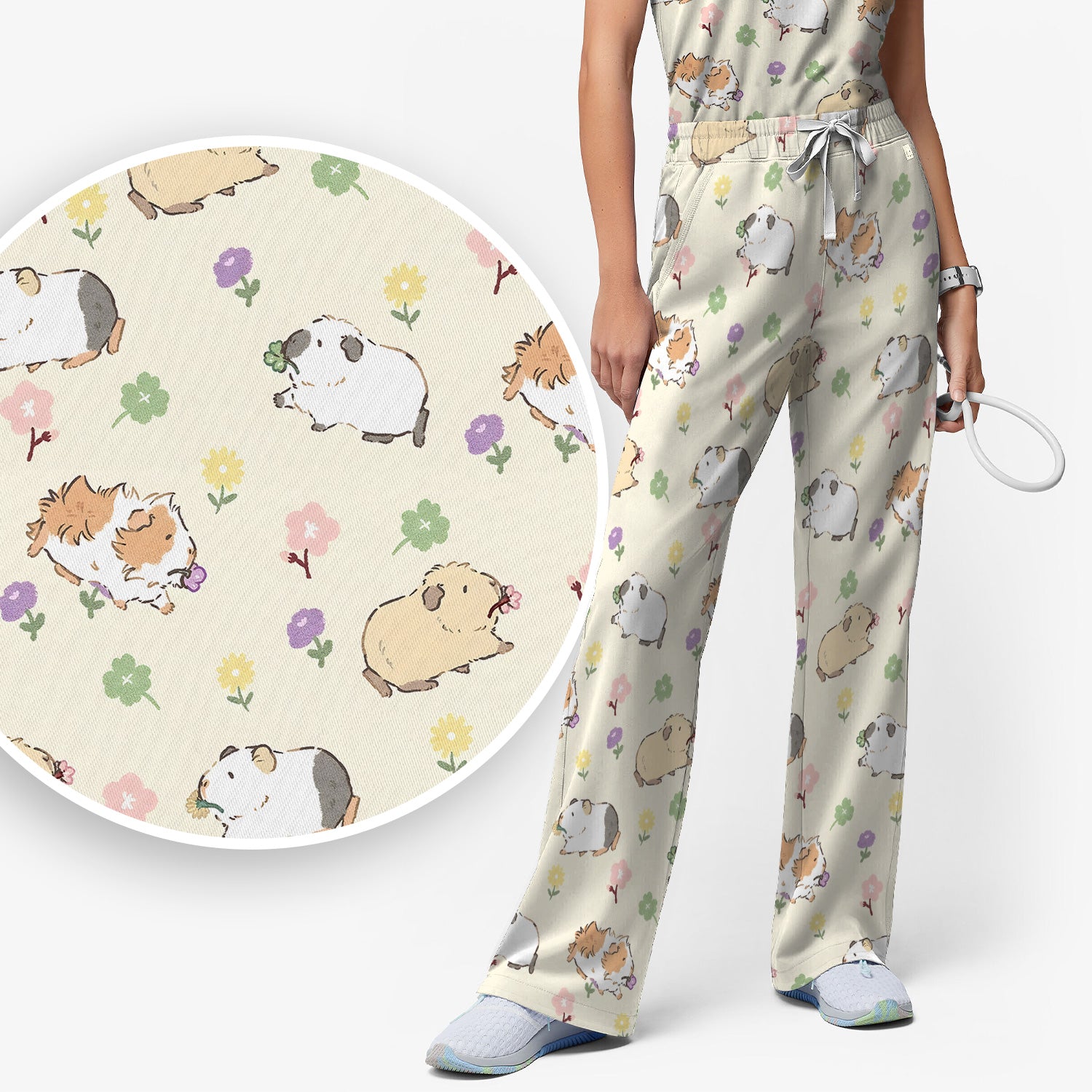Cozy Guinea Pig Floral Doodle Pattern Scrub Set, Women's Scrub Sets