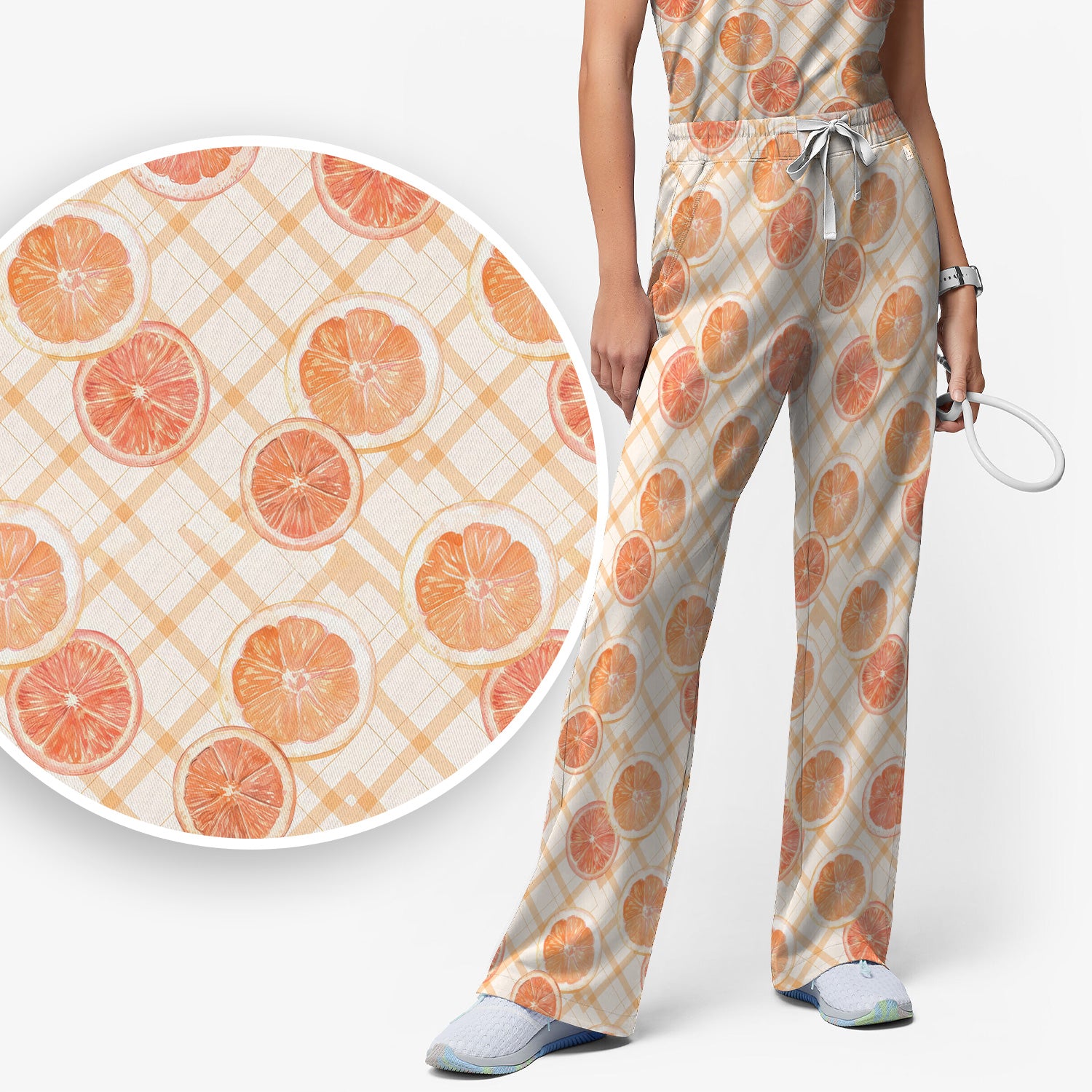 Fresh Grapefruit Slice Summer Fruit Pattern Scrub Sets, Scrub Pants and V Neck Top