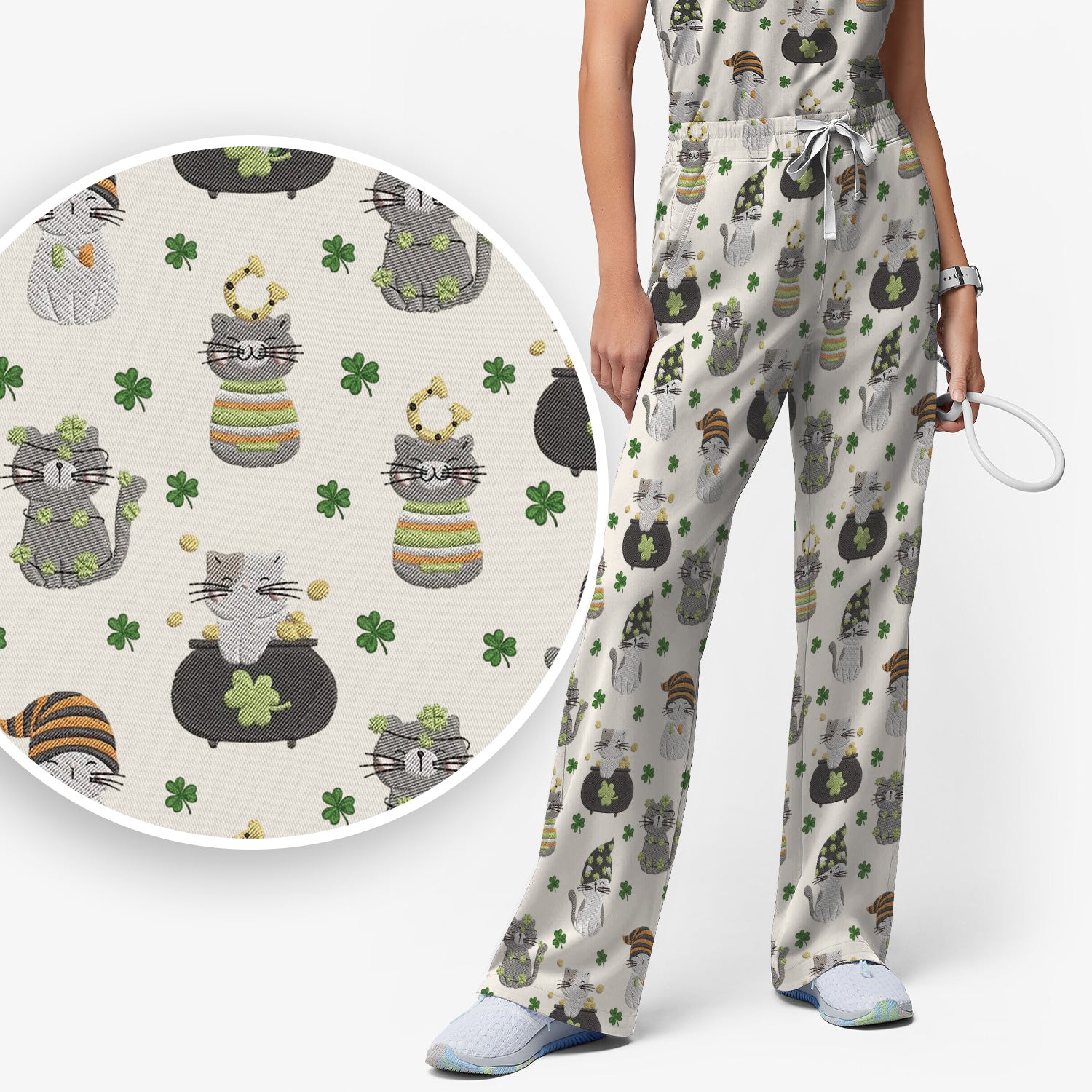 St. Patrick’s Day Scrub Set, Lucky Cat With Shamrock Pattern Shirt, Breathable Fabrics Nursing Uniform