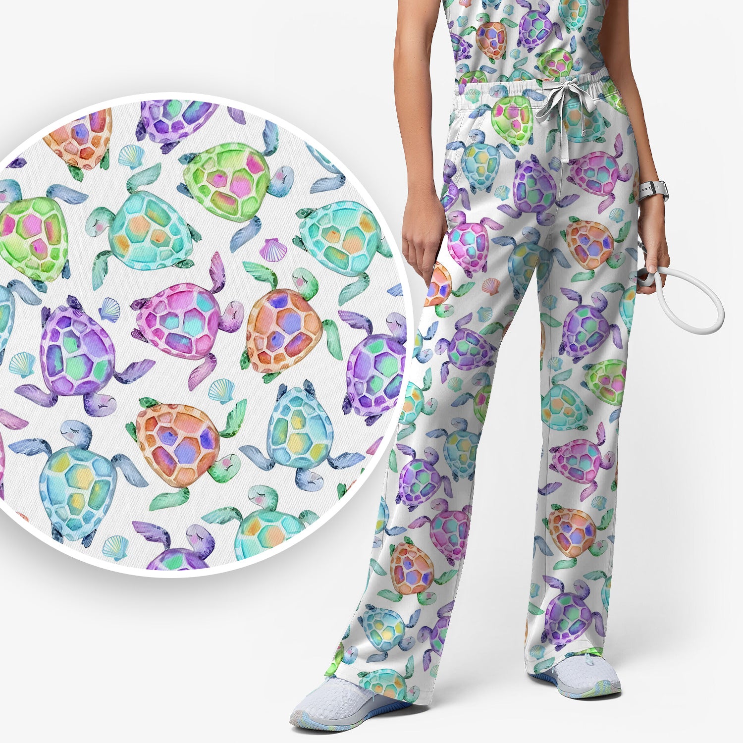 Colorful Sea Turtle Shell Pattern Scrub Set, Scrub Pants and V Neck Top