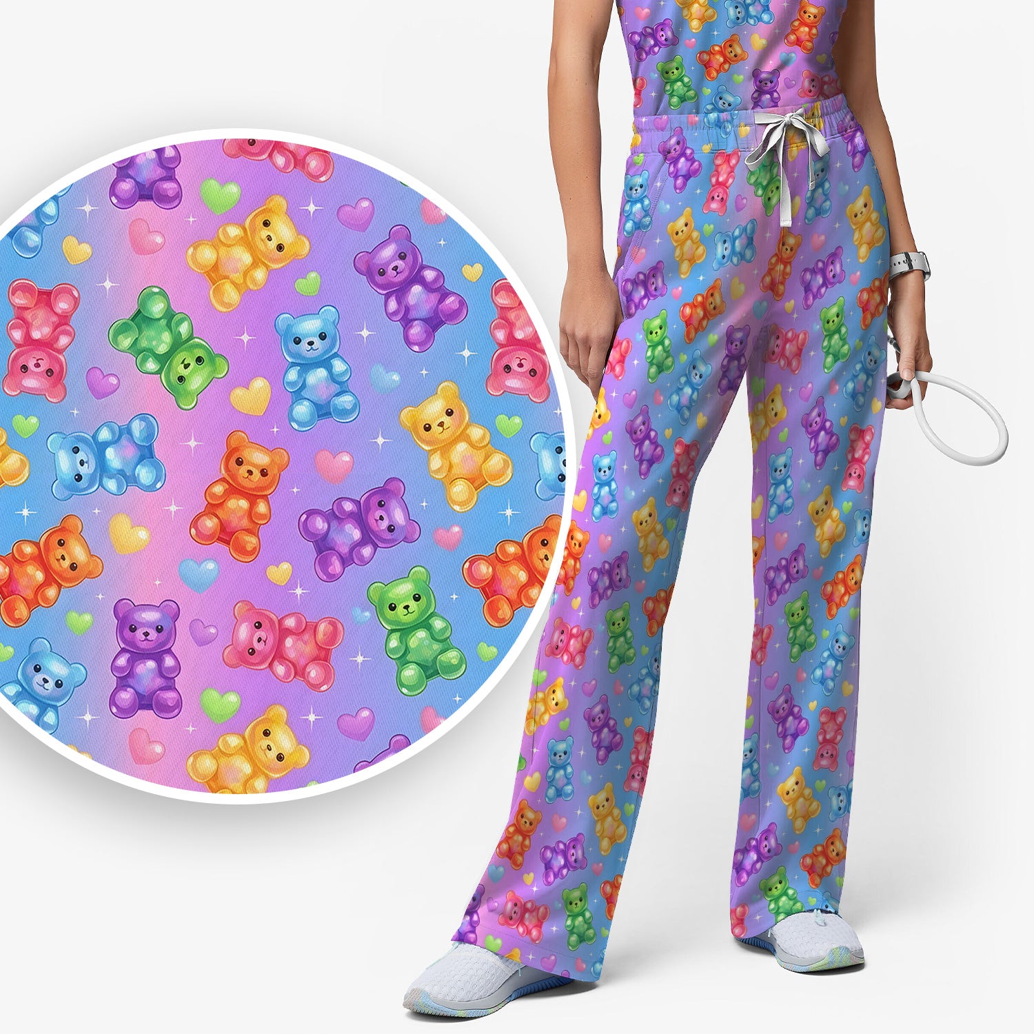 Colorful Gummy Bear Pattern Scrub Set, Scrub Pants and V Neck Top