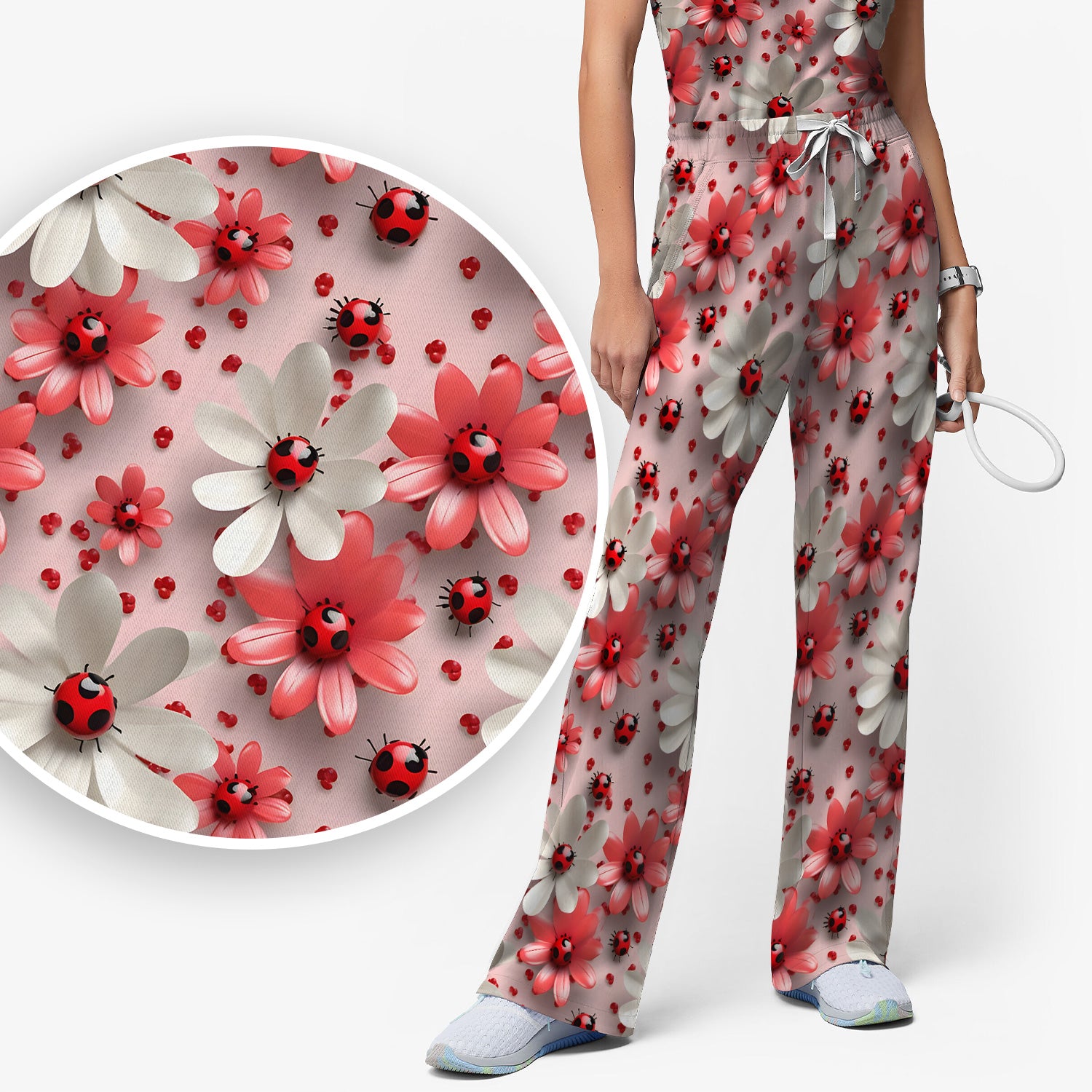 Red Ladybug Flower Pattern Scrub Set, Scrub Pants and V Neck Top