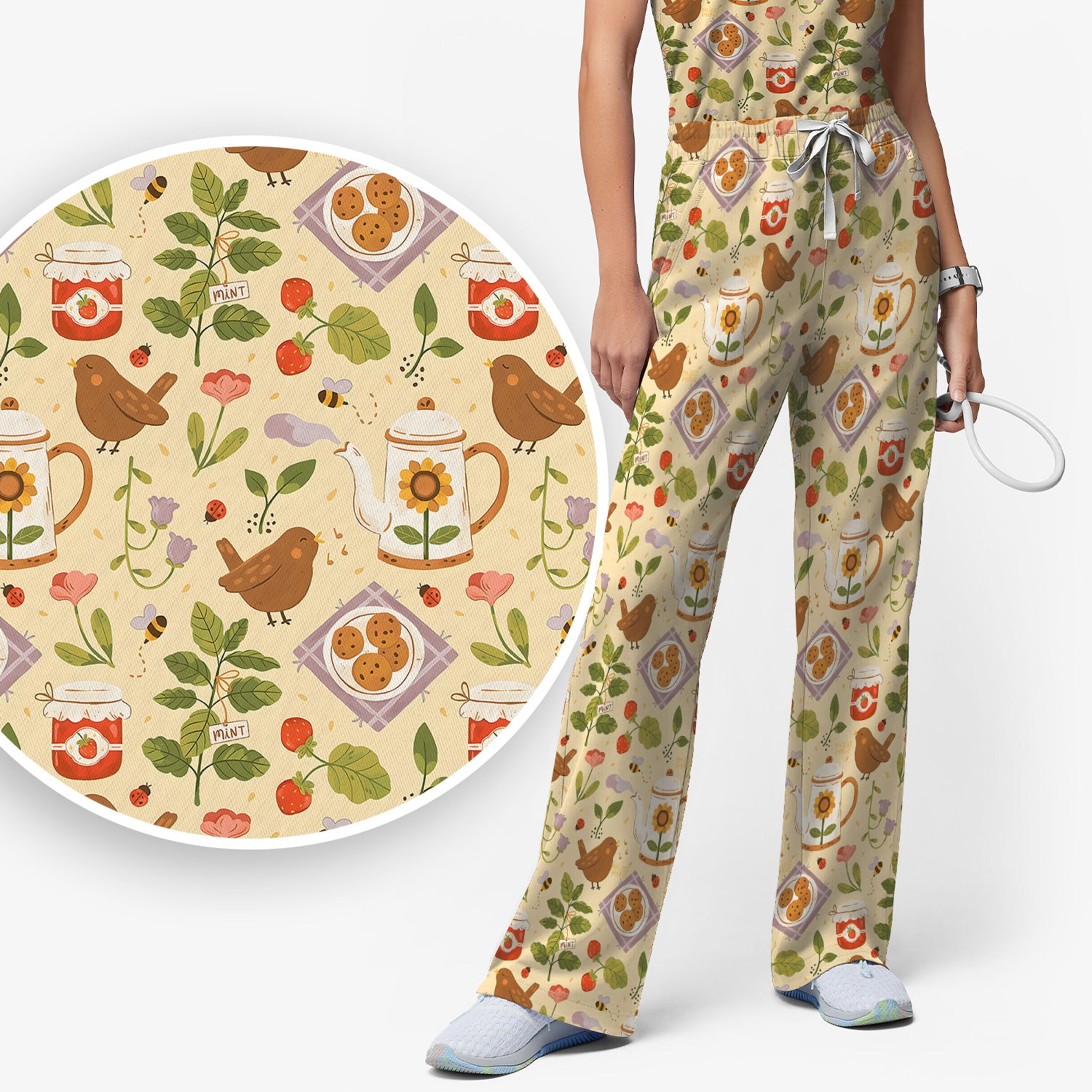 Cute Garden Tea Bird Strawberry Pattern Scrub Set, Scrub Pants and V Neck Top