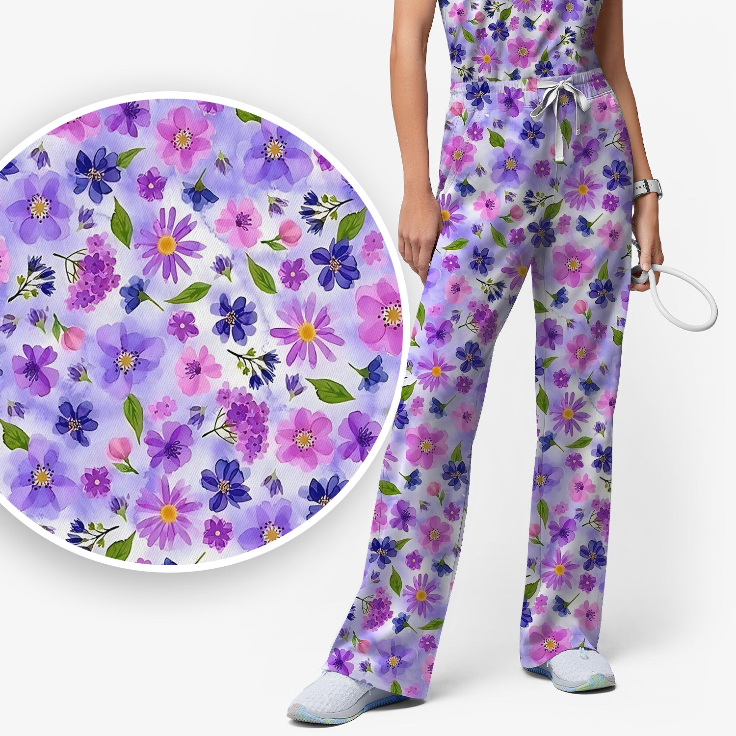 Purple Watercolor Wildflower Bloom Pattern Scrub Set, Scrub Pants and V Neck Top