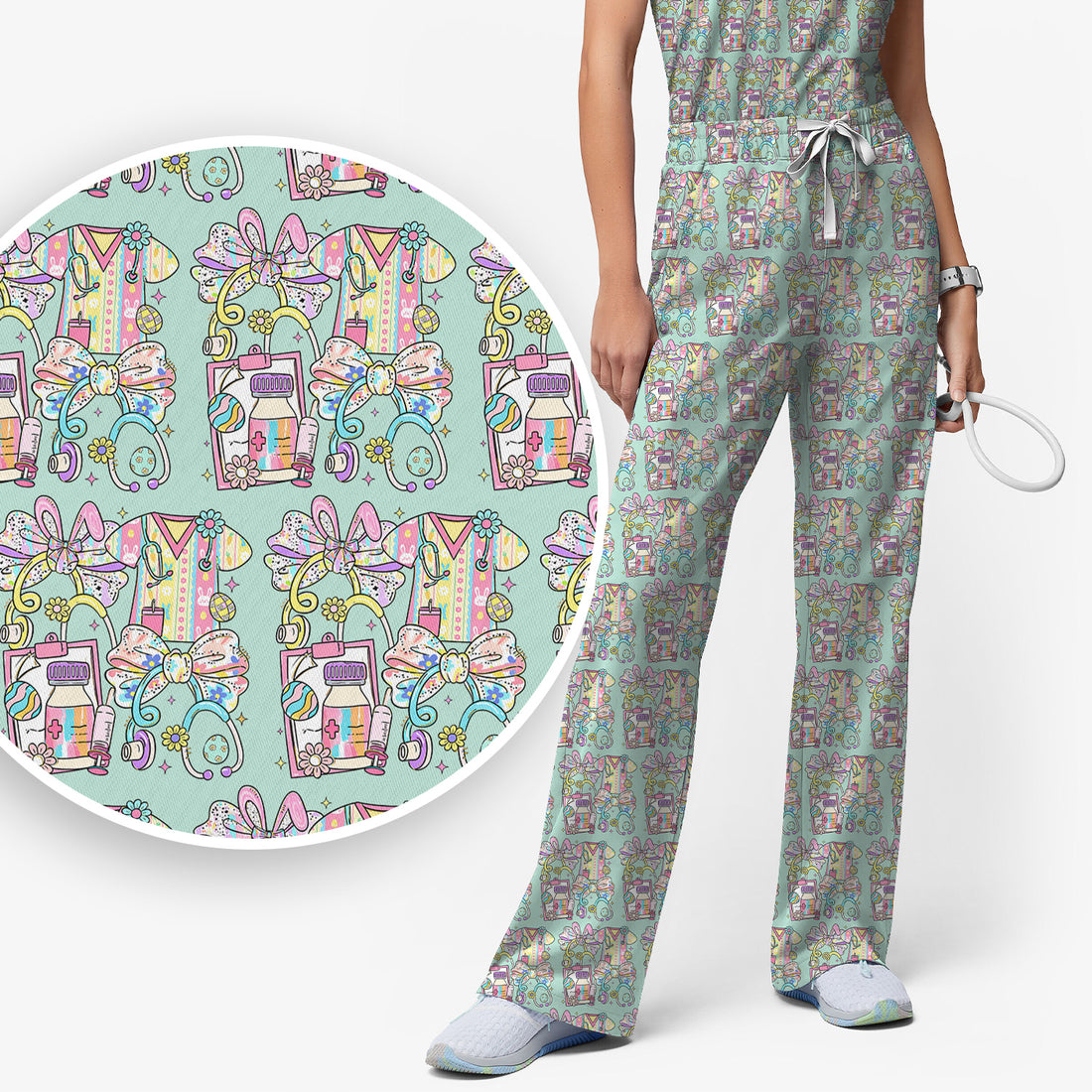 Colorful Nurse Scrub Supplies Pattern Scrub Set, Scrub Pants and V Neck Top