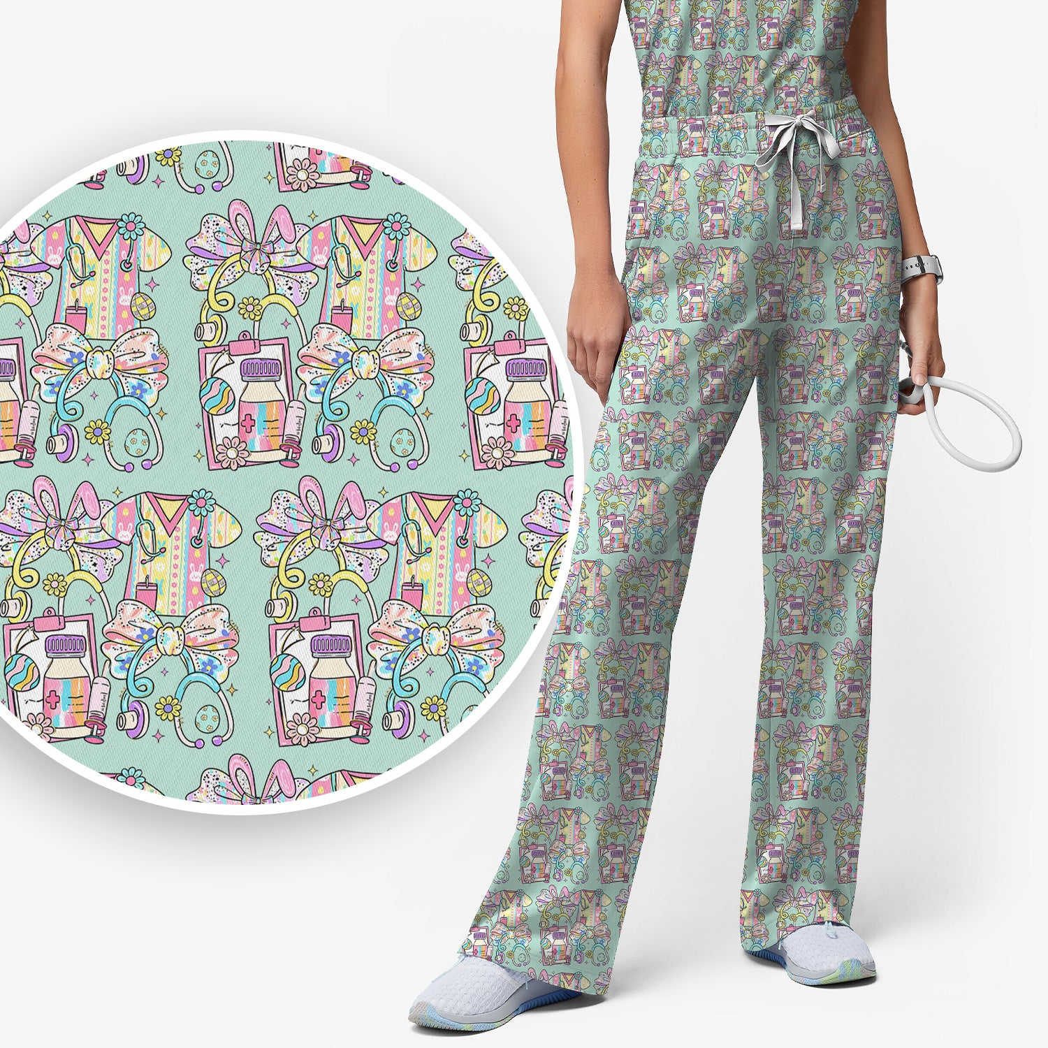 Colorful Nurse Scrub Supplies Pattern Scrub Set, Scrub Pants and V Neck Top