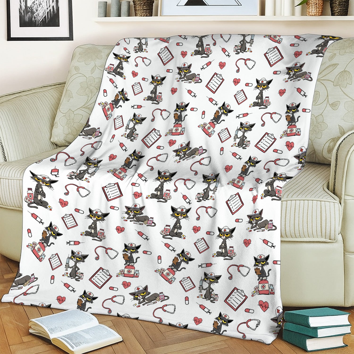 Personalized Cat Nurse Blanket - Cozy Throw with Medical Cat Print - Gift for RN, CNA, LPN, Medical Staff