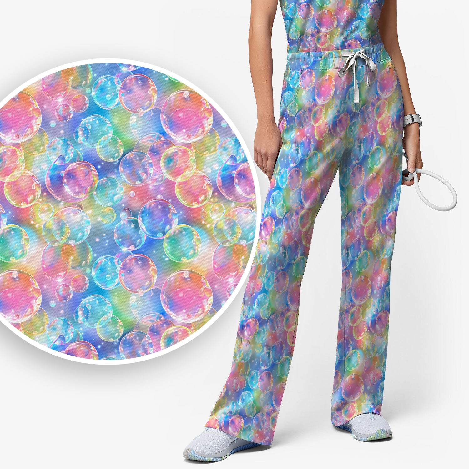 Colorful Floating Soap Bubble Pattern Scrub Set, Scrub Pants and V Neck Top