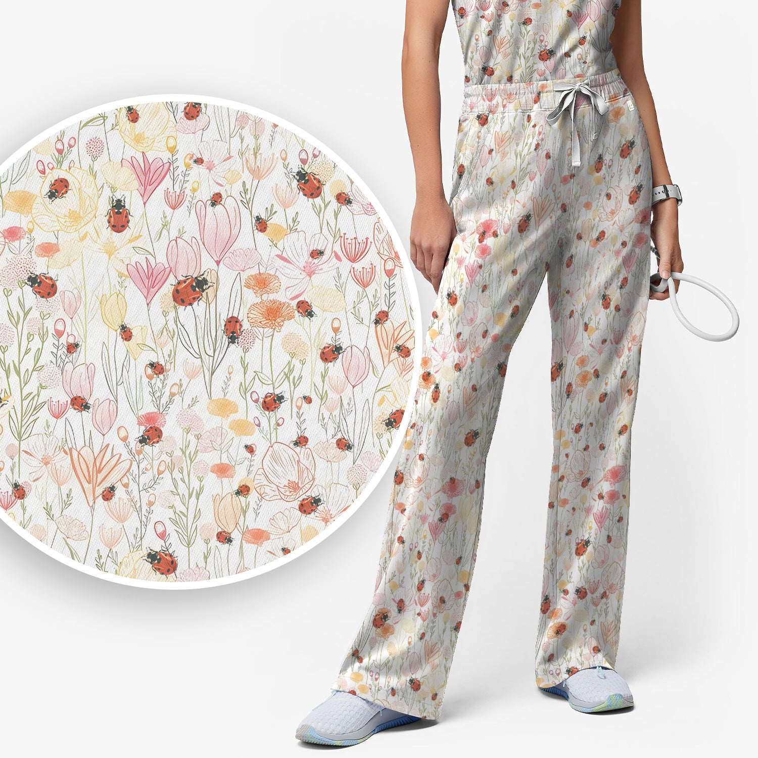 Cute Nurse Wildflower Ladybug Garden Pattern Scrub Set, Scrub Pants and V Neck Top