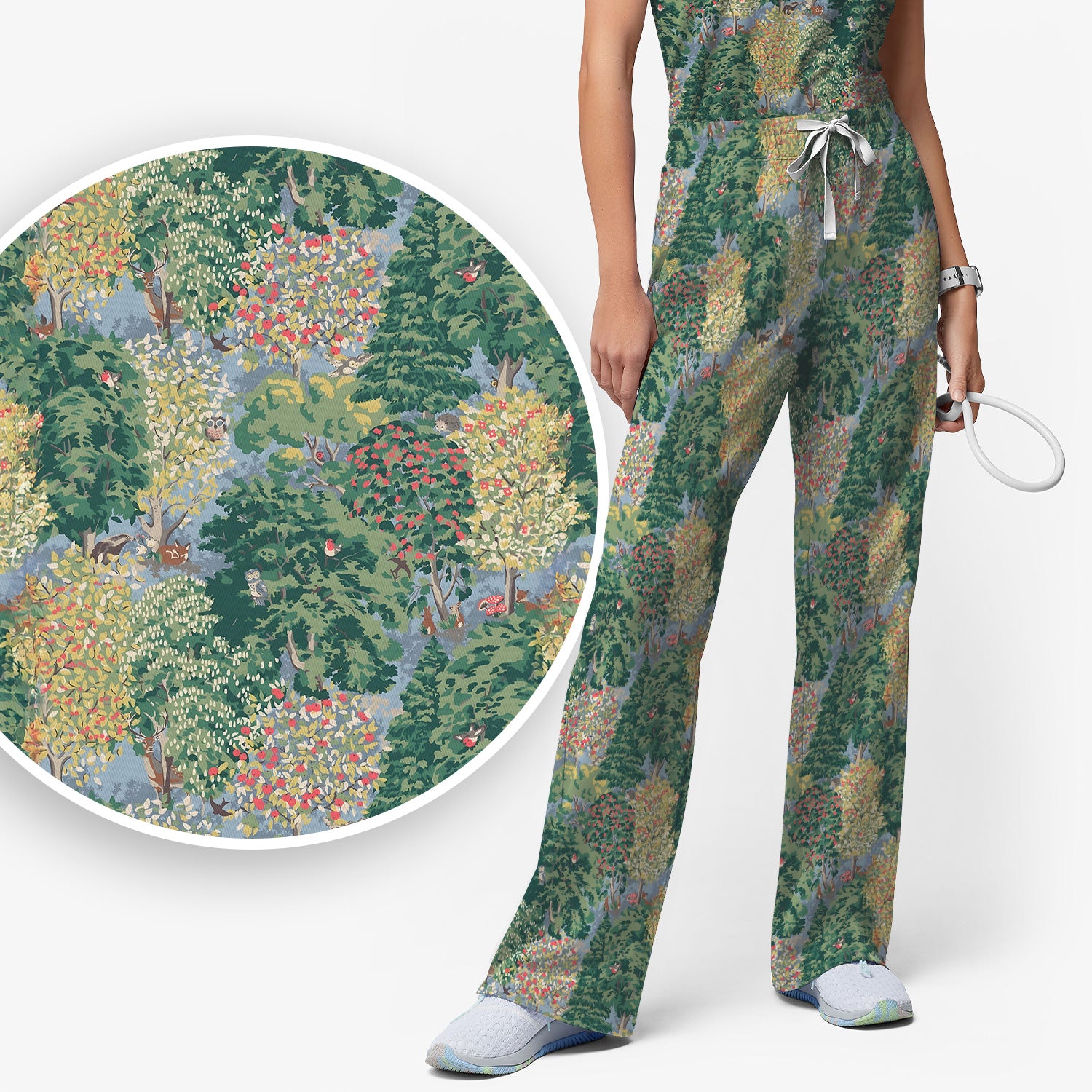 Forest Landscape Pattern Scrub Set, Scrub Pants and V Neck Top