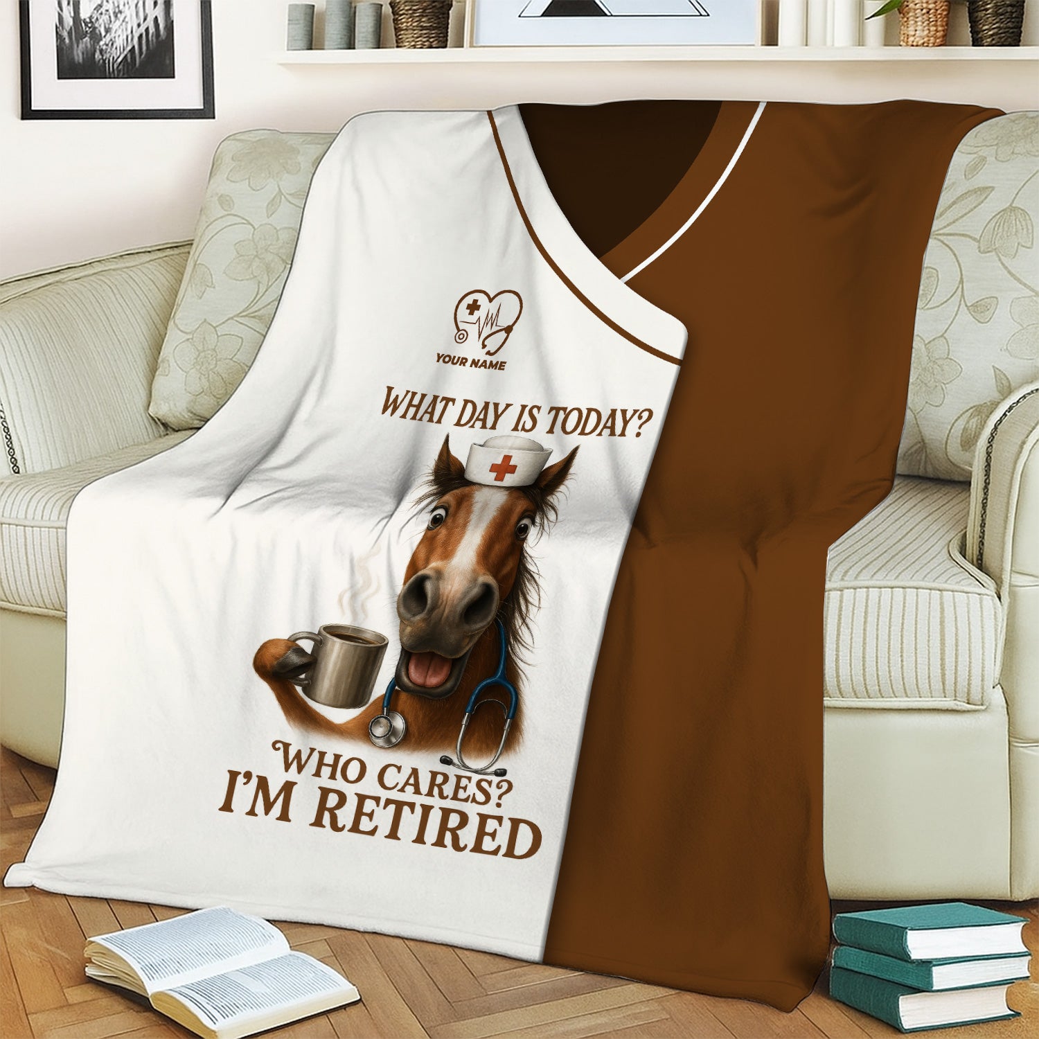 Funny Nurse Retirement Blanket - What Day Is Today? Who Cares I‰Ûªm Retired - Gift for Retired RN LPN with Horse & Coffee Design