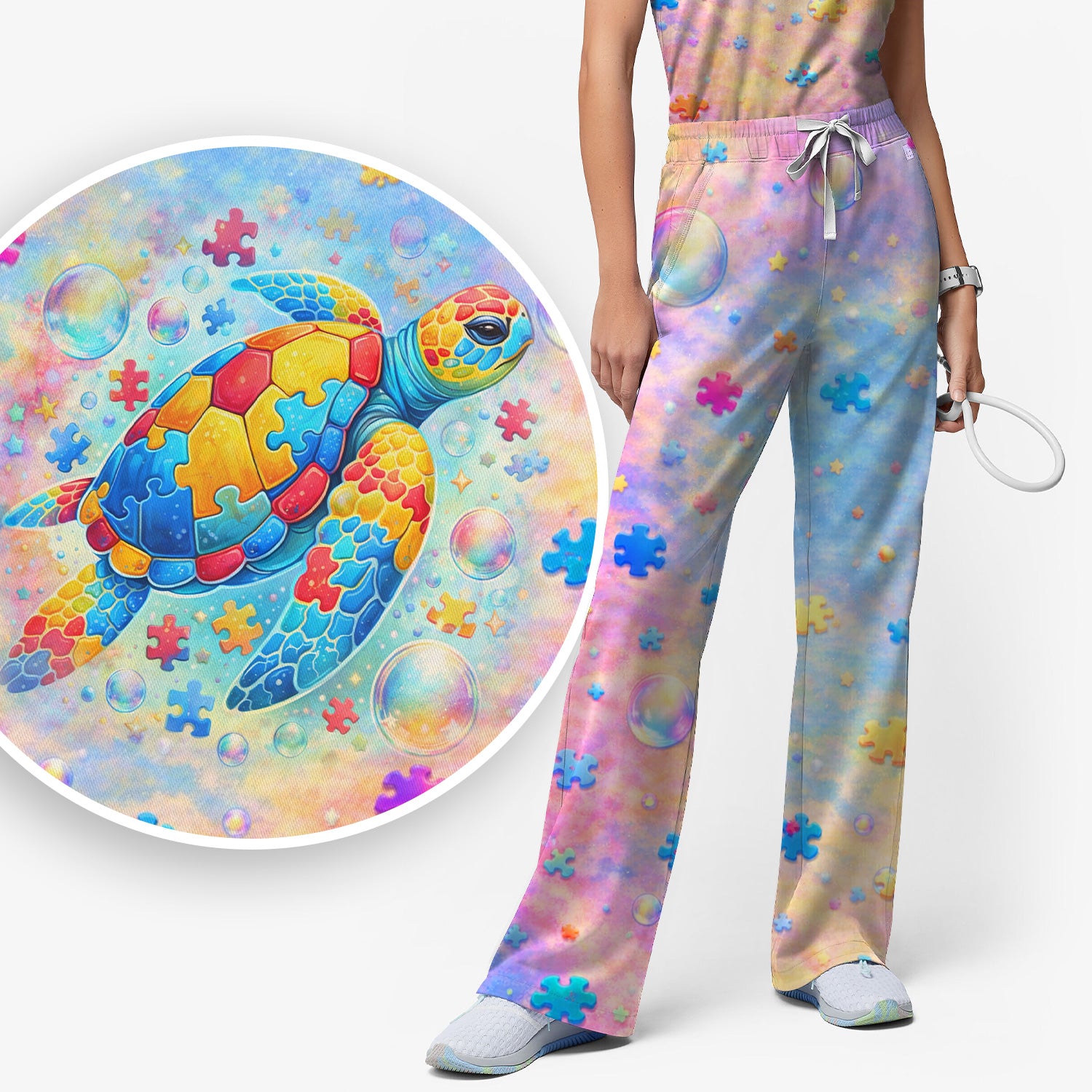 Autism Puzzle Sea Turtle Pastel Rainbow Print Scrub Set, Scrub Pants and V Neck Top