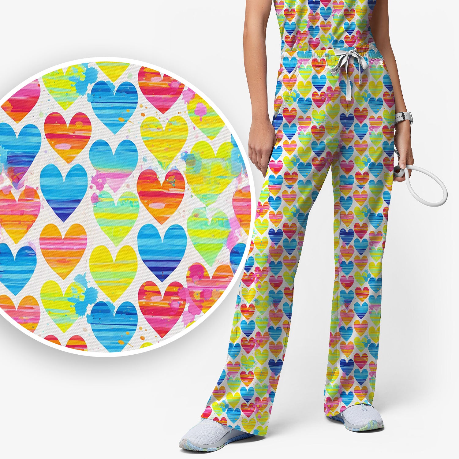 Bright Multicolor Rainbow Heart All Over Print Pattern Set, Women's Scrub Set