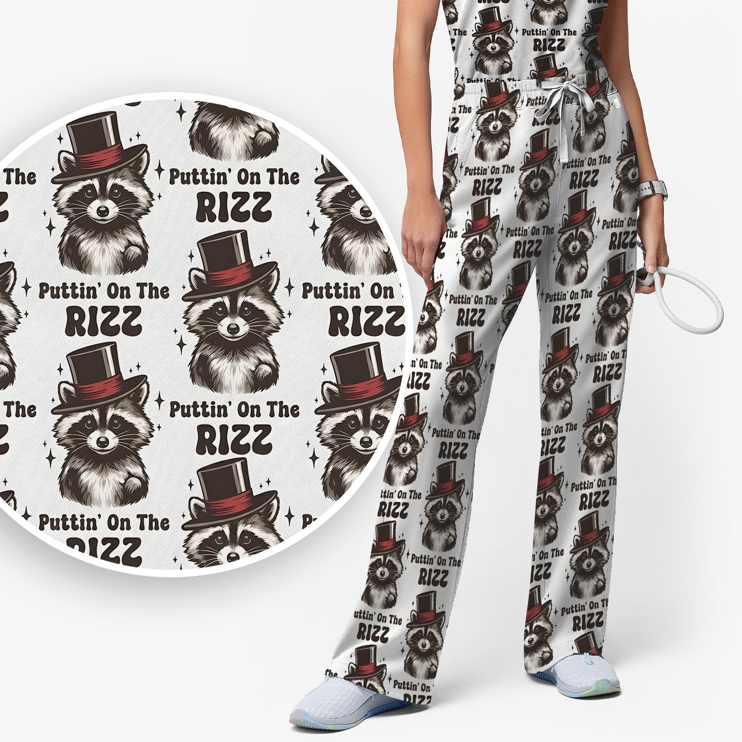 Raccoon Wearing Top Hat Puttin On The Rizz Scrub Set, Scrub Pants and V Neck Top