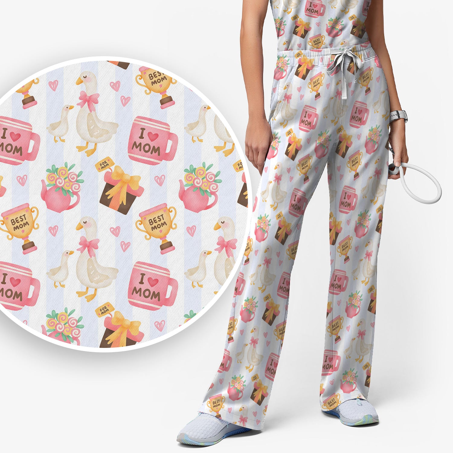 Sweet Nurse Mom Goose Gift Trophy Pattern Scrub Set, Scrub Pants and V Neck Top