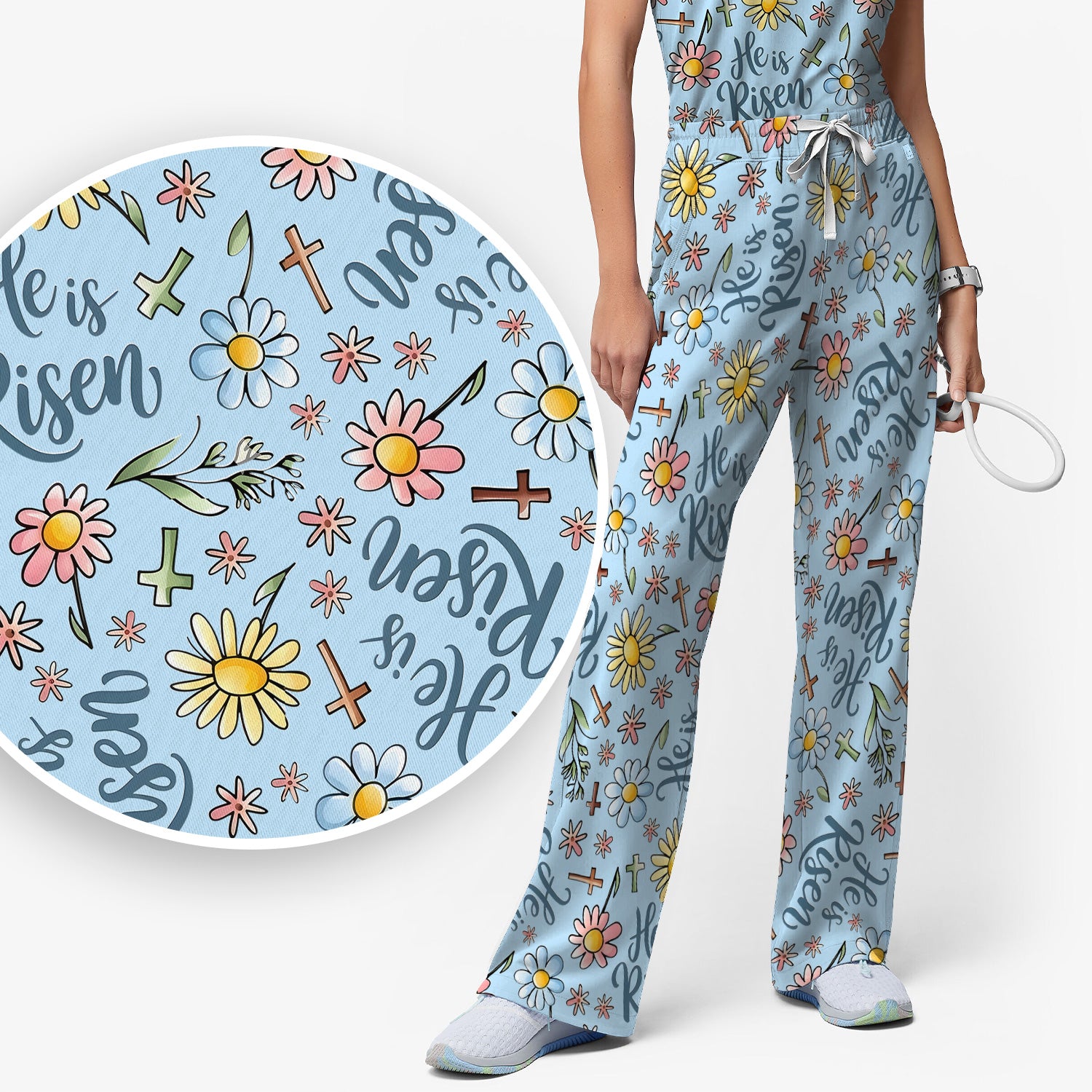 He Is Risen Cross Flower Pattern Scrub Set, Nurse Uniform Scrubs Set