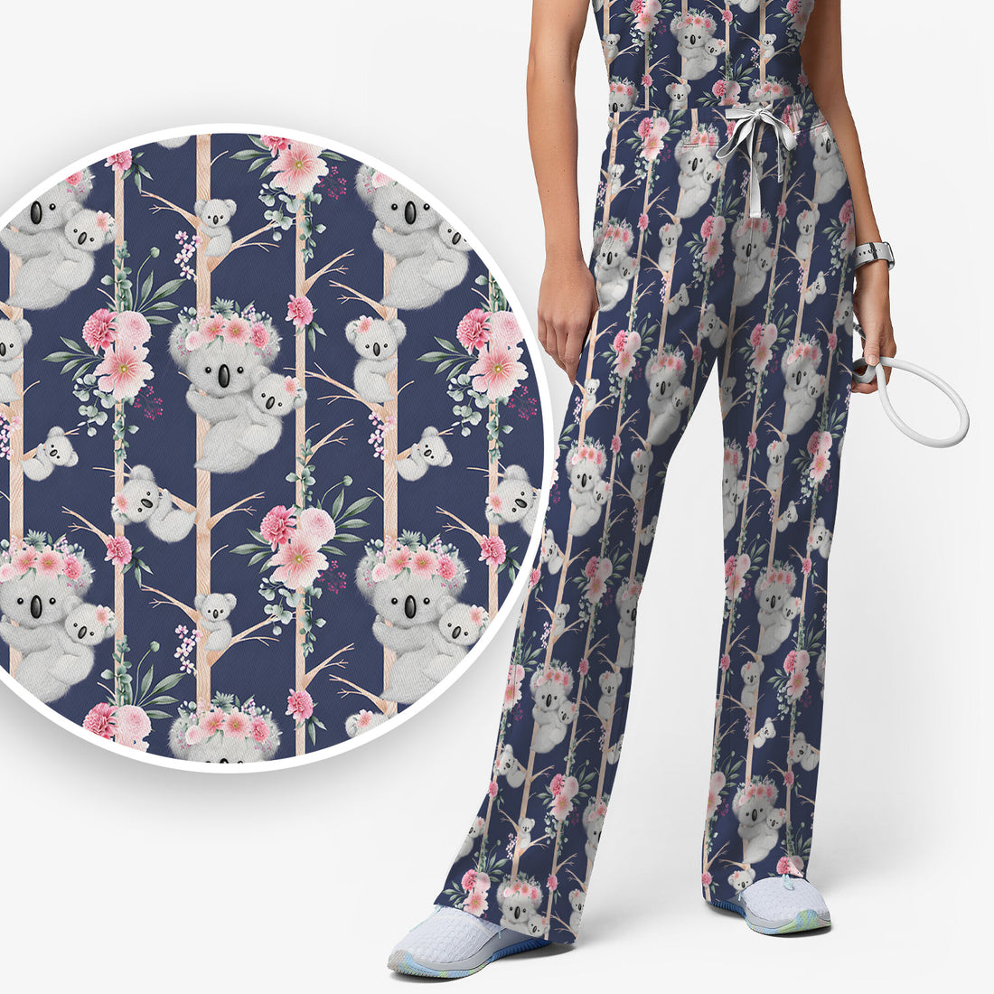 Cute Koala Climbing Tree Blossom Pattern Nurse Scrub Set, Scrub Pants and V Neck Top