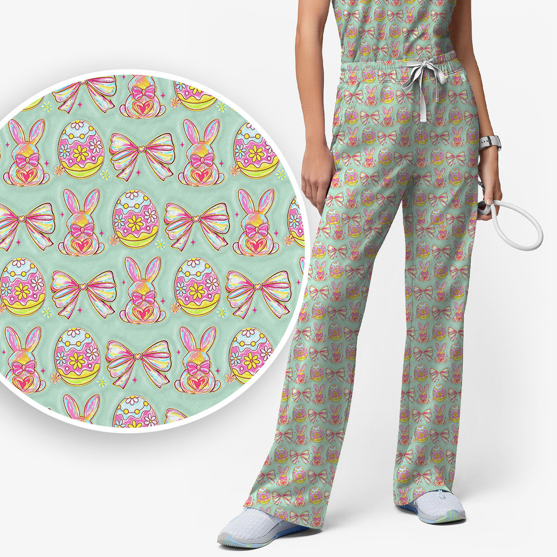Easter Bunny Pastel Egg Bow Pattern Scrub Set, Breathable Med Uniform