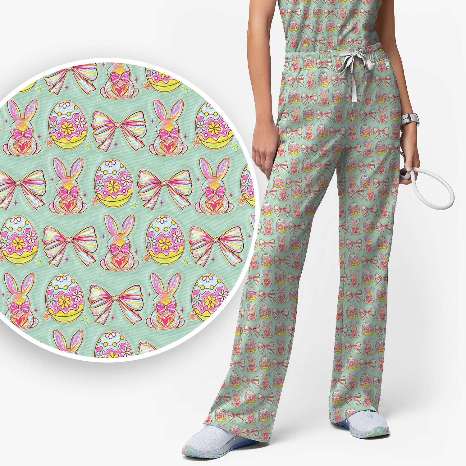 Easter Bunny Pastel Egg Bow Pattern Scrub Set, Breathable Med Uniform