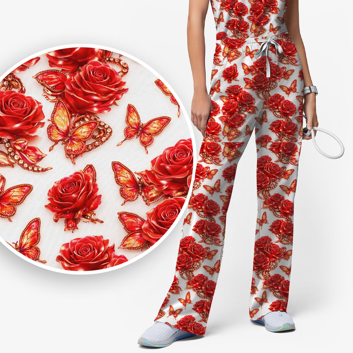 Red Rose and Butterfly Pattern Scrub Set, Comfortable Scrub Pants and V Neck Top for Nurses