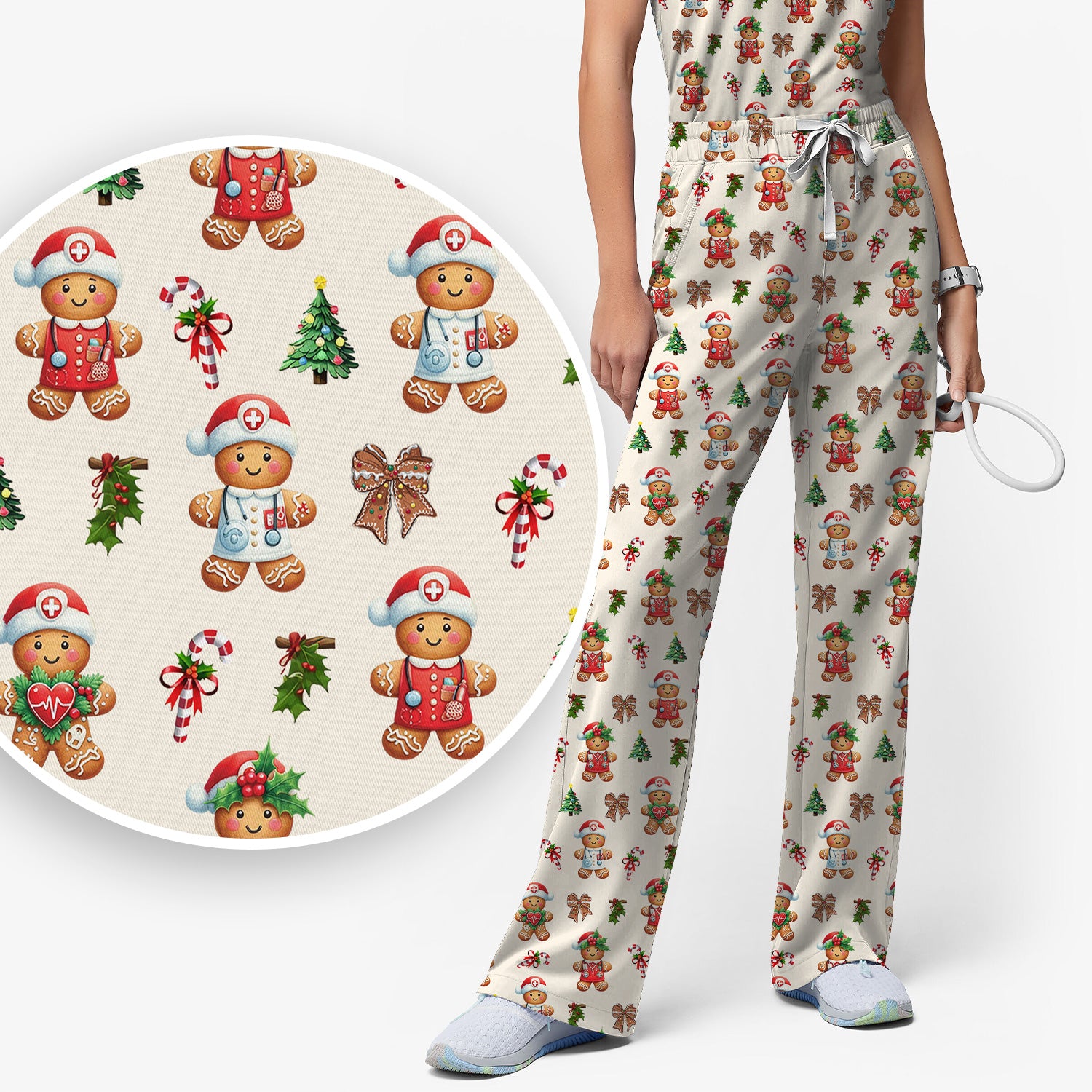 Funny Gingerbread Christmas Scrub Set - Cute Cookie with Bow Scrubs Pants and V Neck Top - Festive Holiday Gift for Women