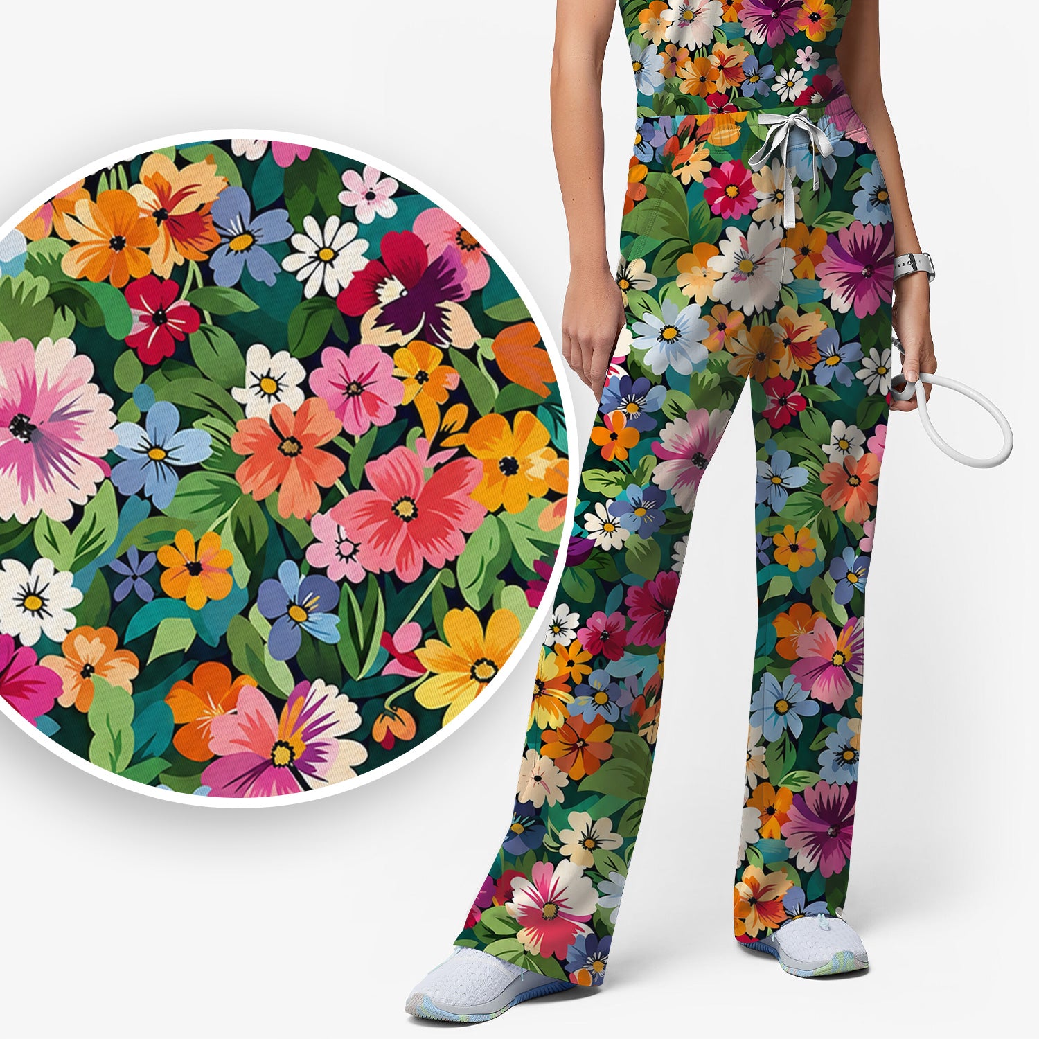 Colorful Wildflower Garden Pattern Scrub Set, Scrub Pants and V Neck Top
