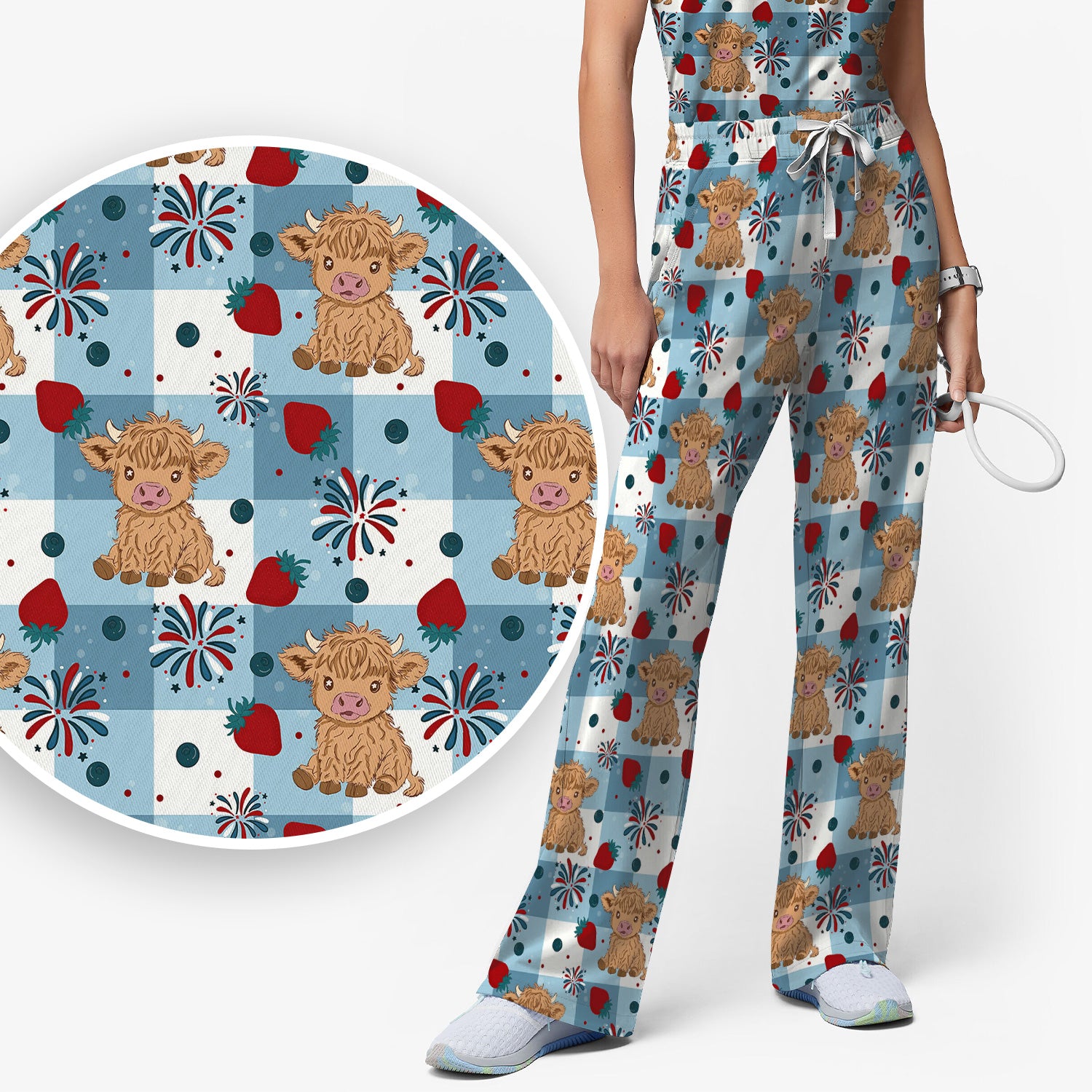 Highland Cow Strawberry Firework Gingham Pattern Scrub Set, Scrub Pants and V Neck Top