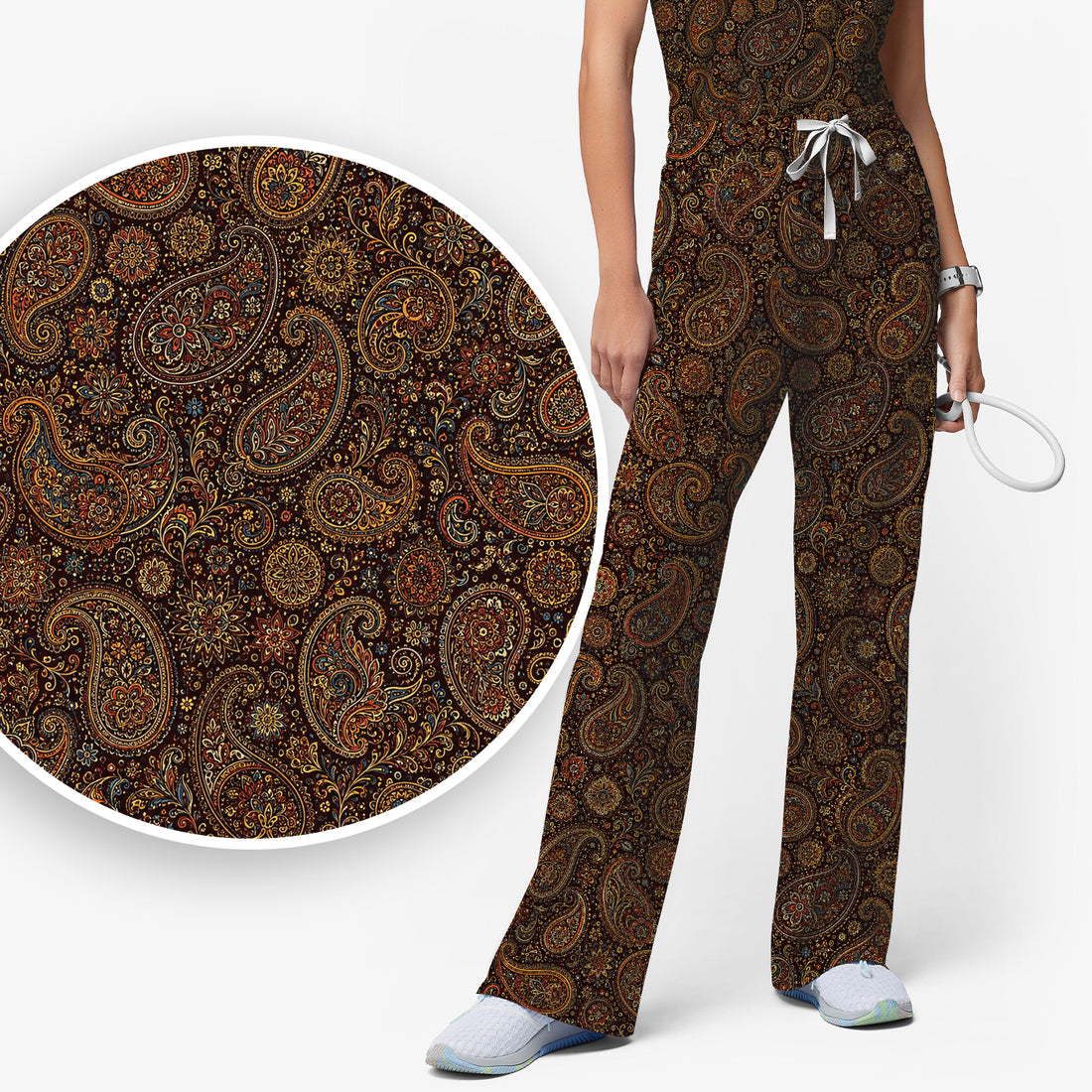 Vintage Ornate Paisley Pattern Scrub Set, Scrub Pants and V Neck Top