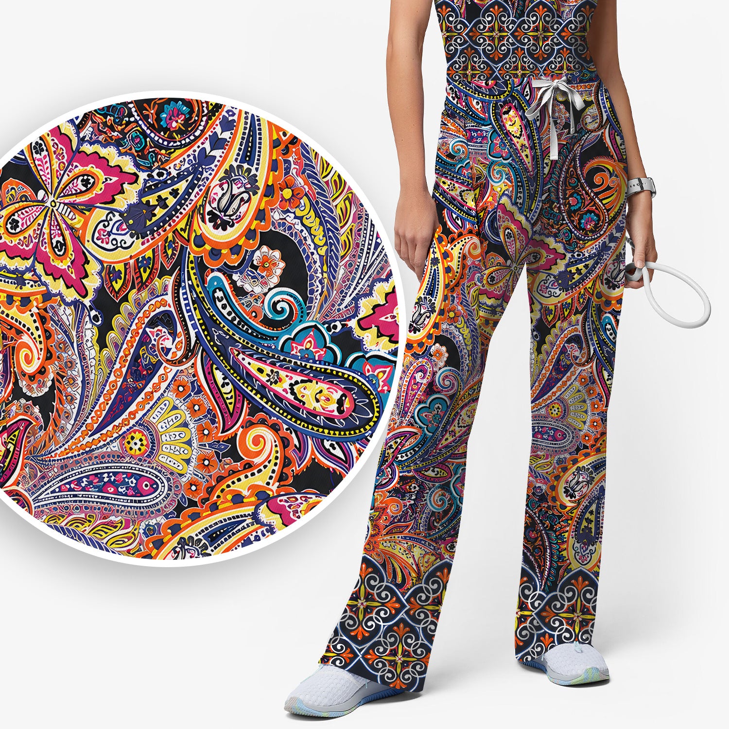 Colorful Bohemian Paisley Floral Pattern Scrub Set, Scrub Pants and V Neck Top