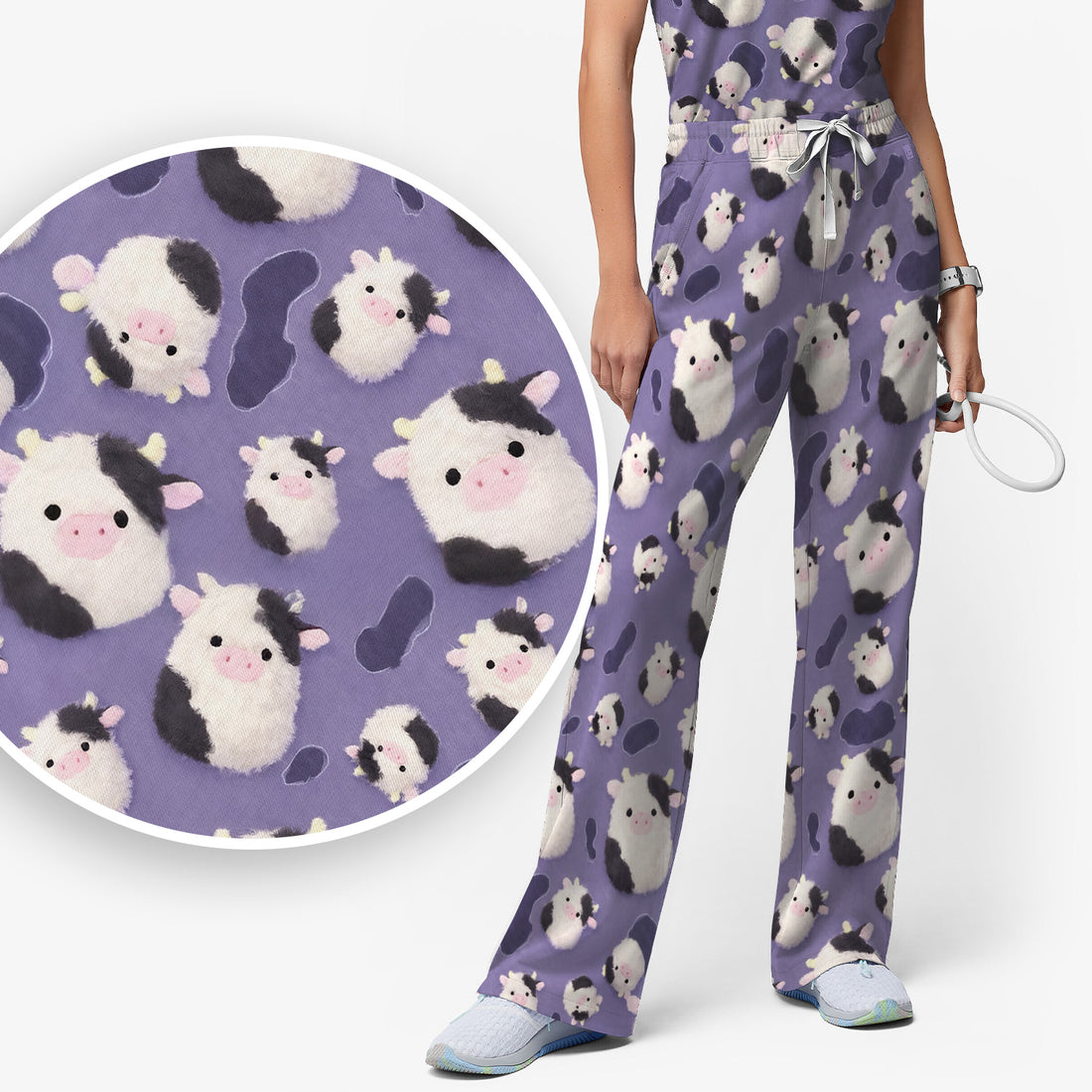 Cute Cartoon Pig Pattern Scrubs Sets, Scrub Pants and V Neck Top