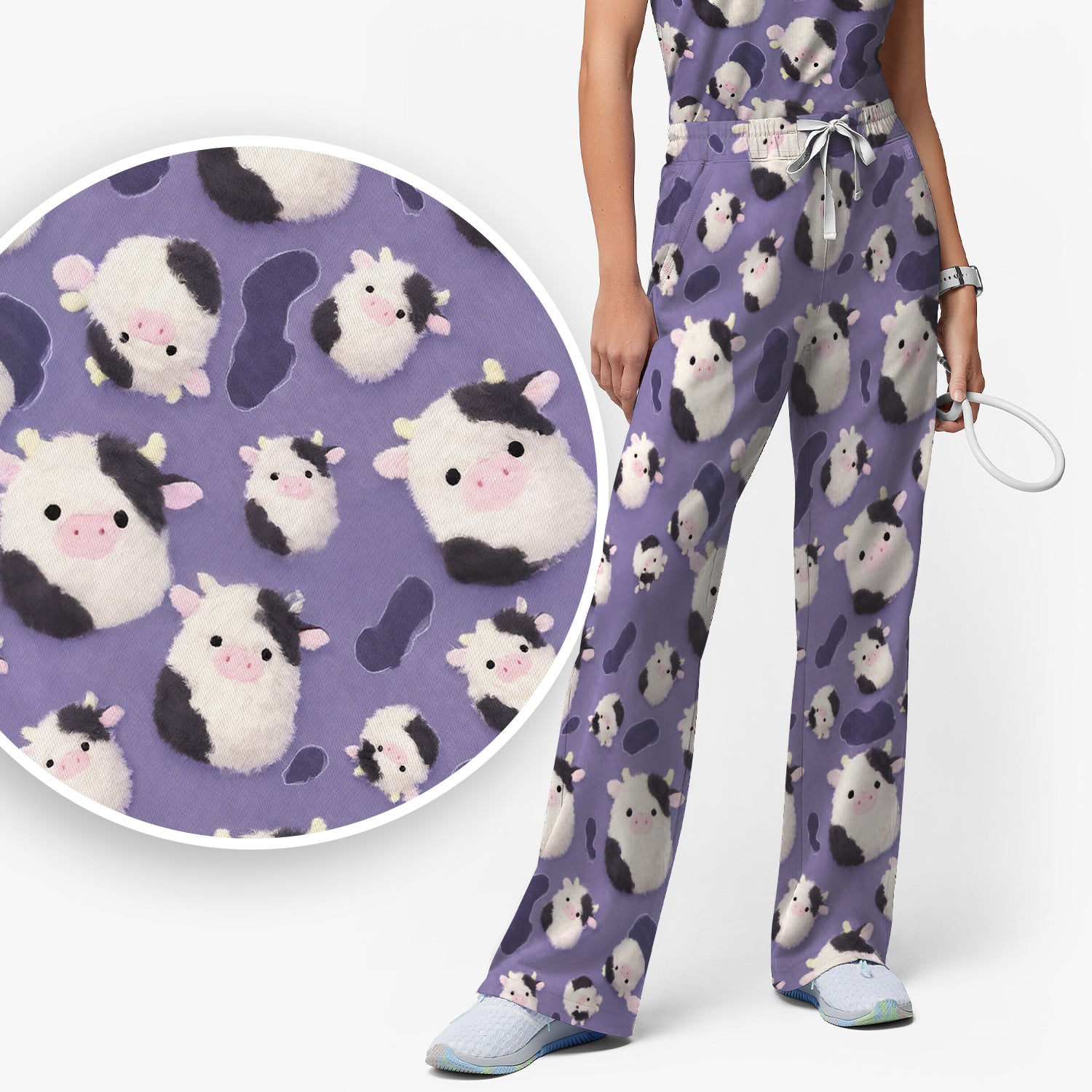 Cute Cartoon Pig Pattern Scrubs Sets, Scrub Pants and V Neck Top
